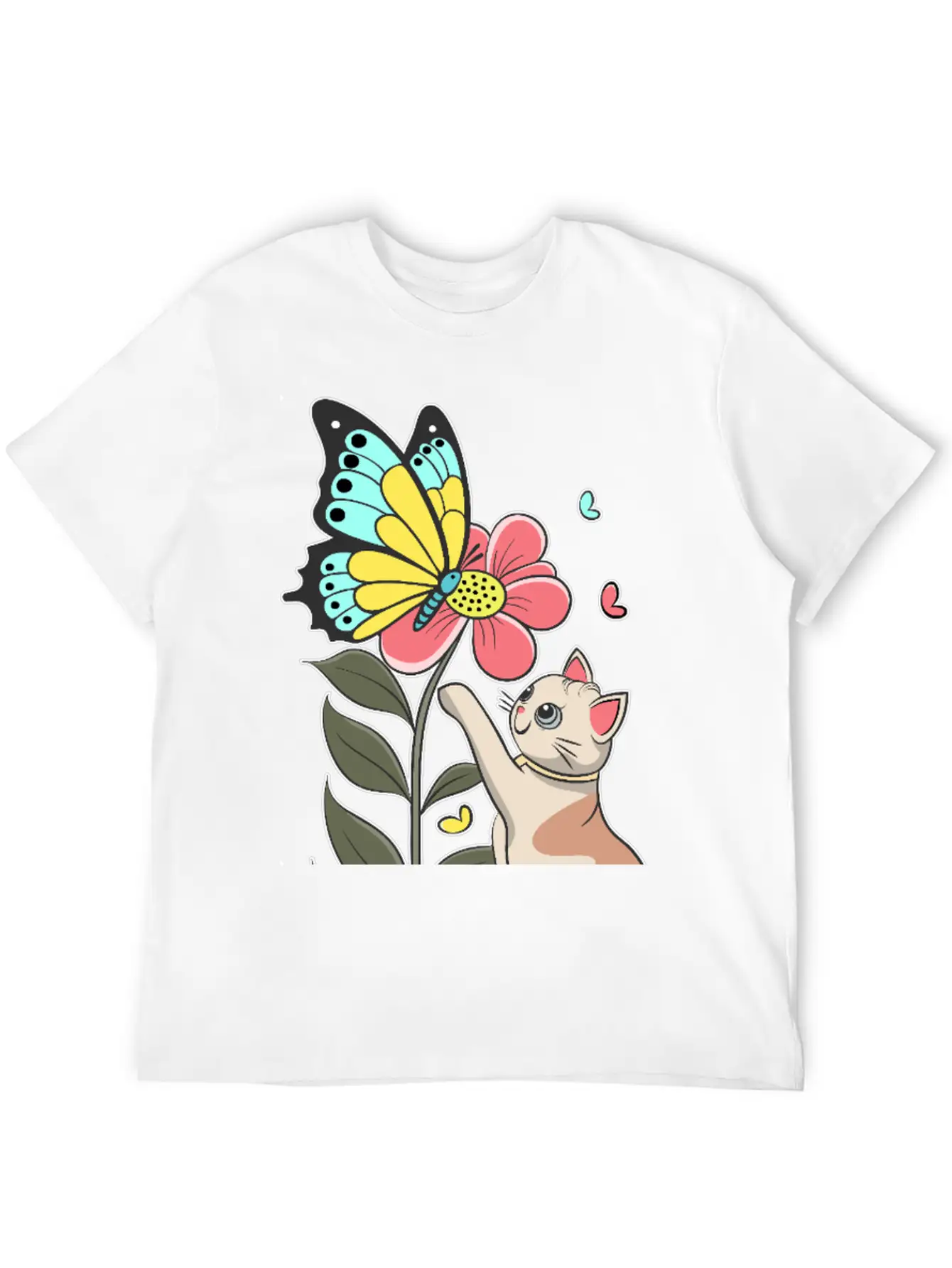 Cat, Flower And Butterfly Stylish Everyday T-Shirt – Unisex Basic Cotton Tee