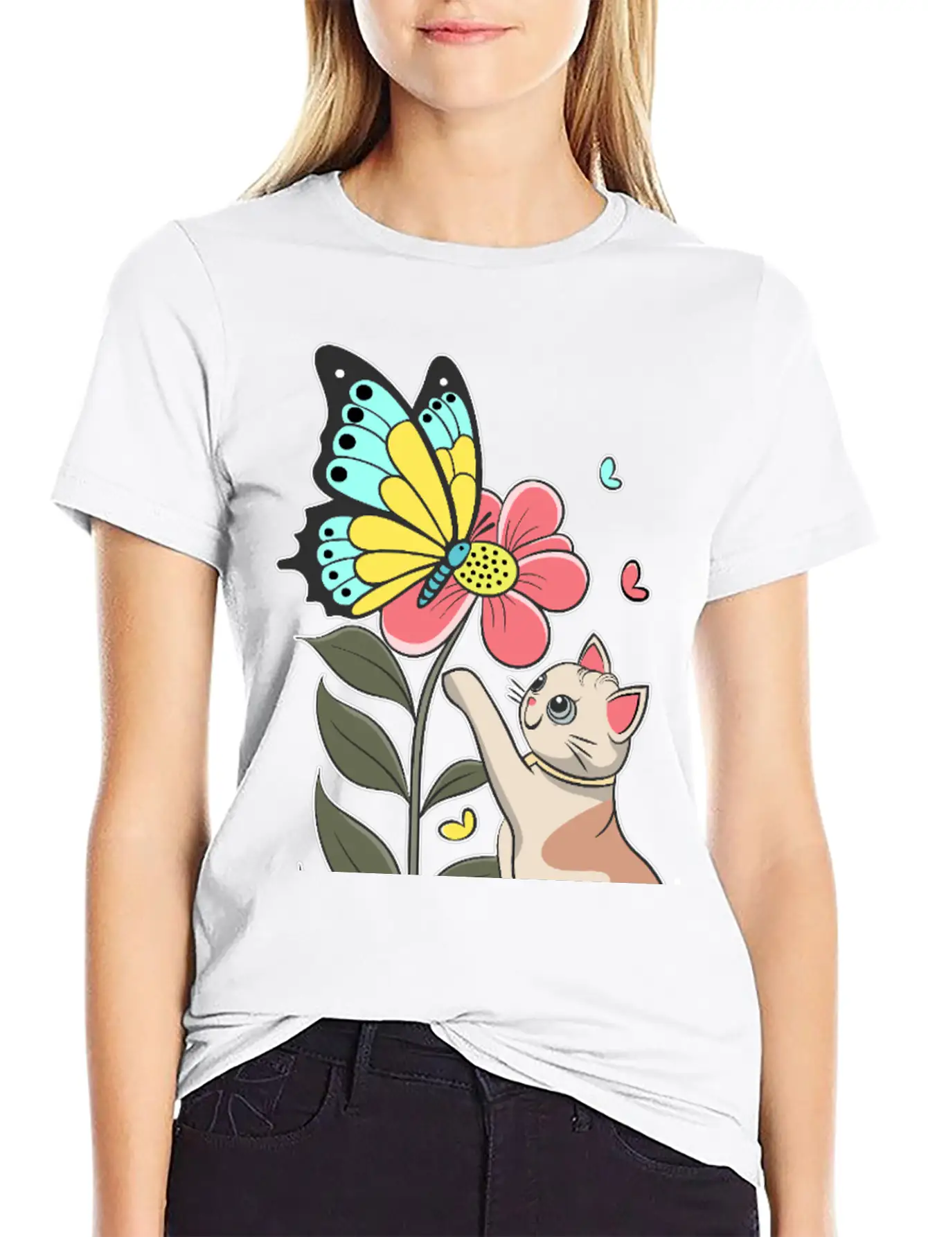 Cat, Flower And Butterfly Stylish Everyday T-Shirt – Unisex Basic Cotton Tee