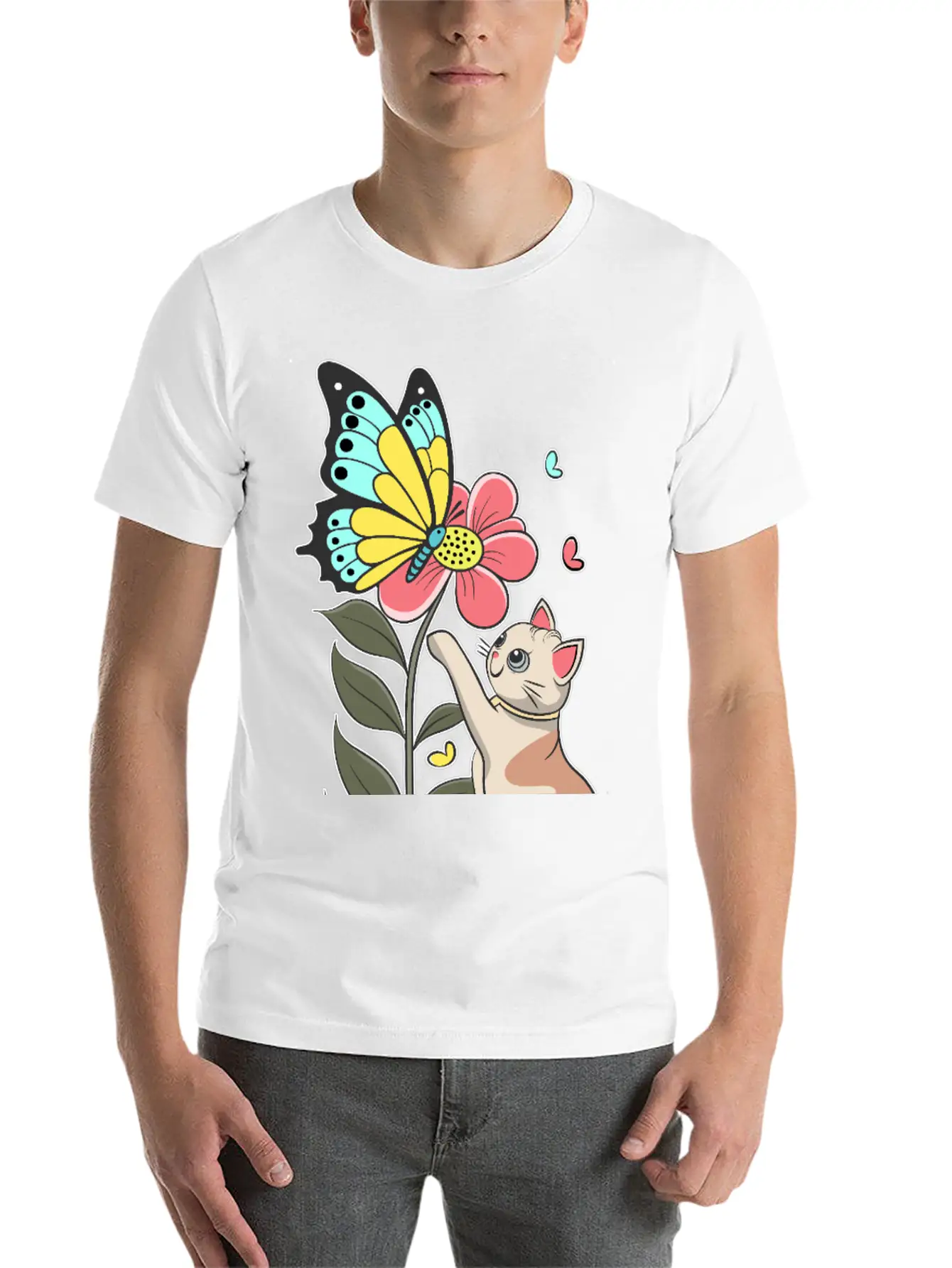 Cat, Flower And Butterfly Stylish Everyday T-Shirt – Unisex Basic Cotton Tee