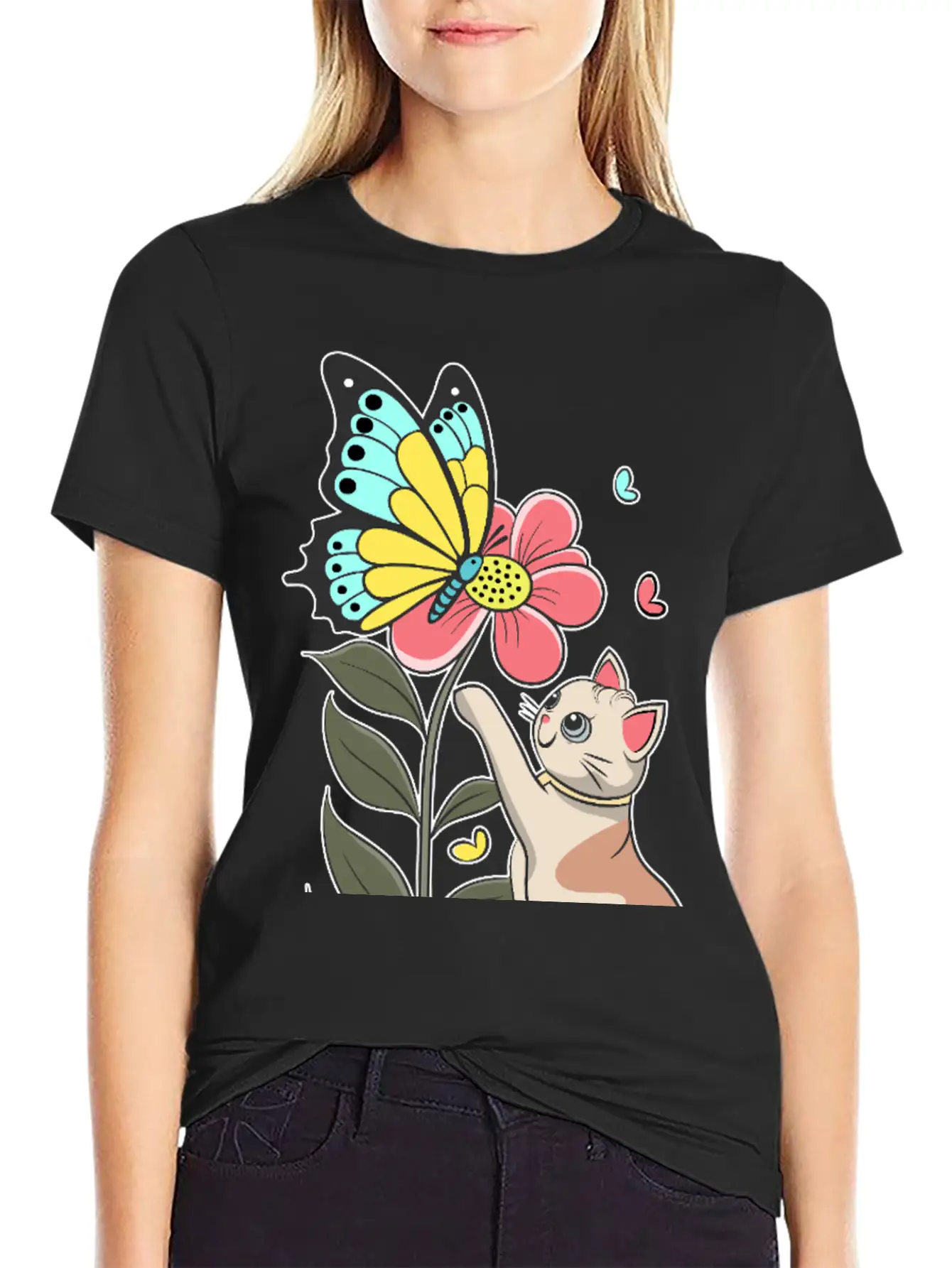 Cat, Flower And Butterfly Stylish Everyday T-Shirt – Unisex Basic Cotton Tee