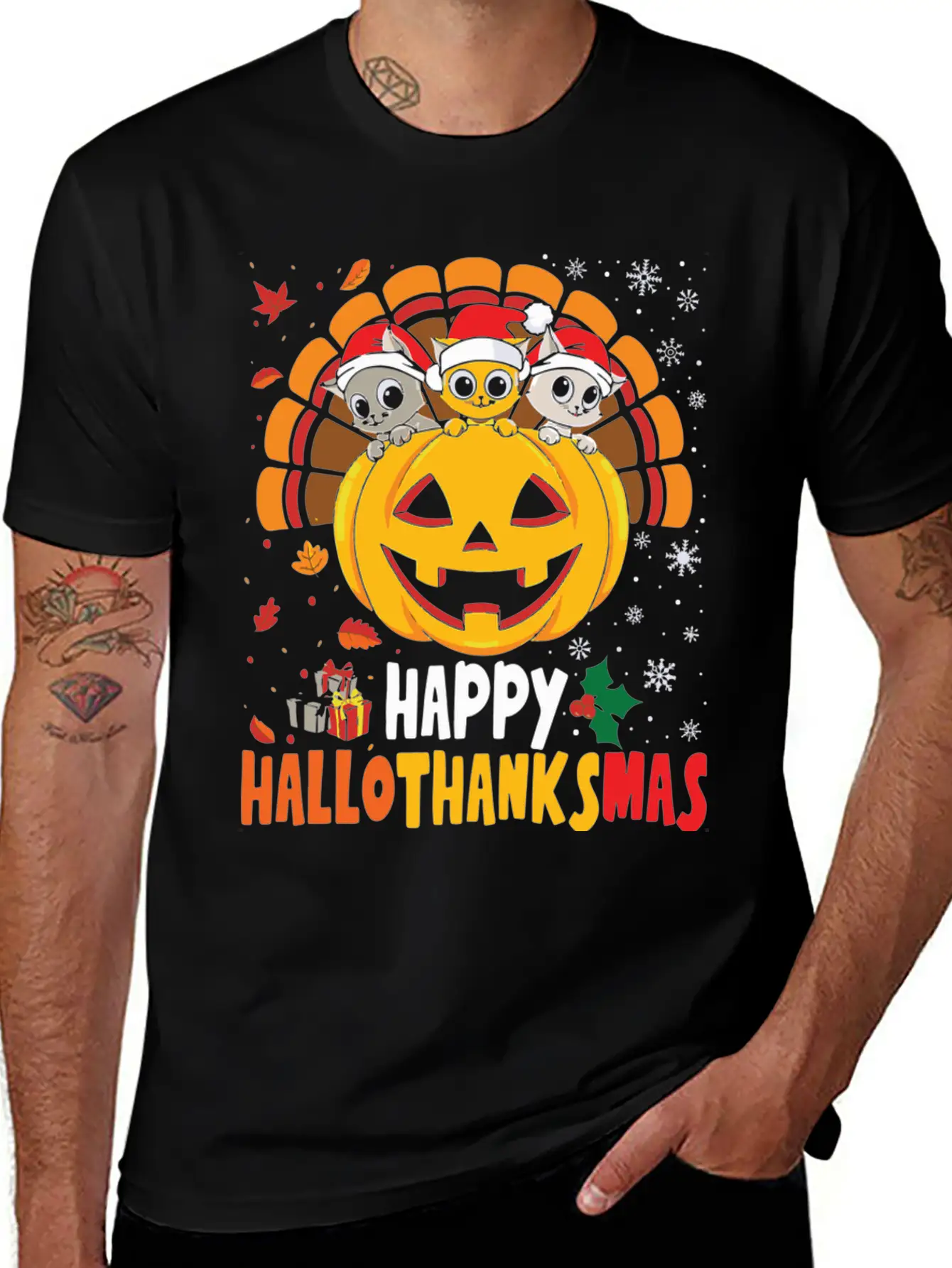 Cat Halloween Merry Christmas Happy Hallothanksmas Basic Graphic T-Shirt – Daily Comfort In Soft Cotton
