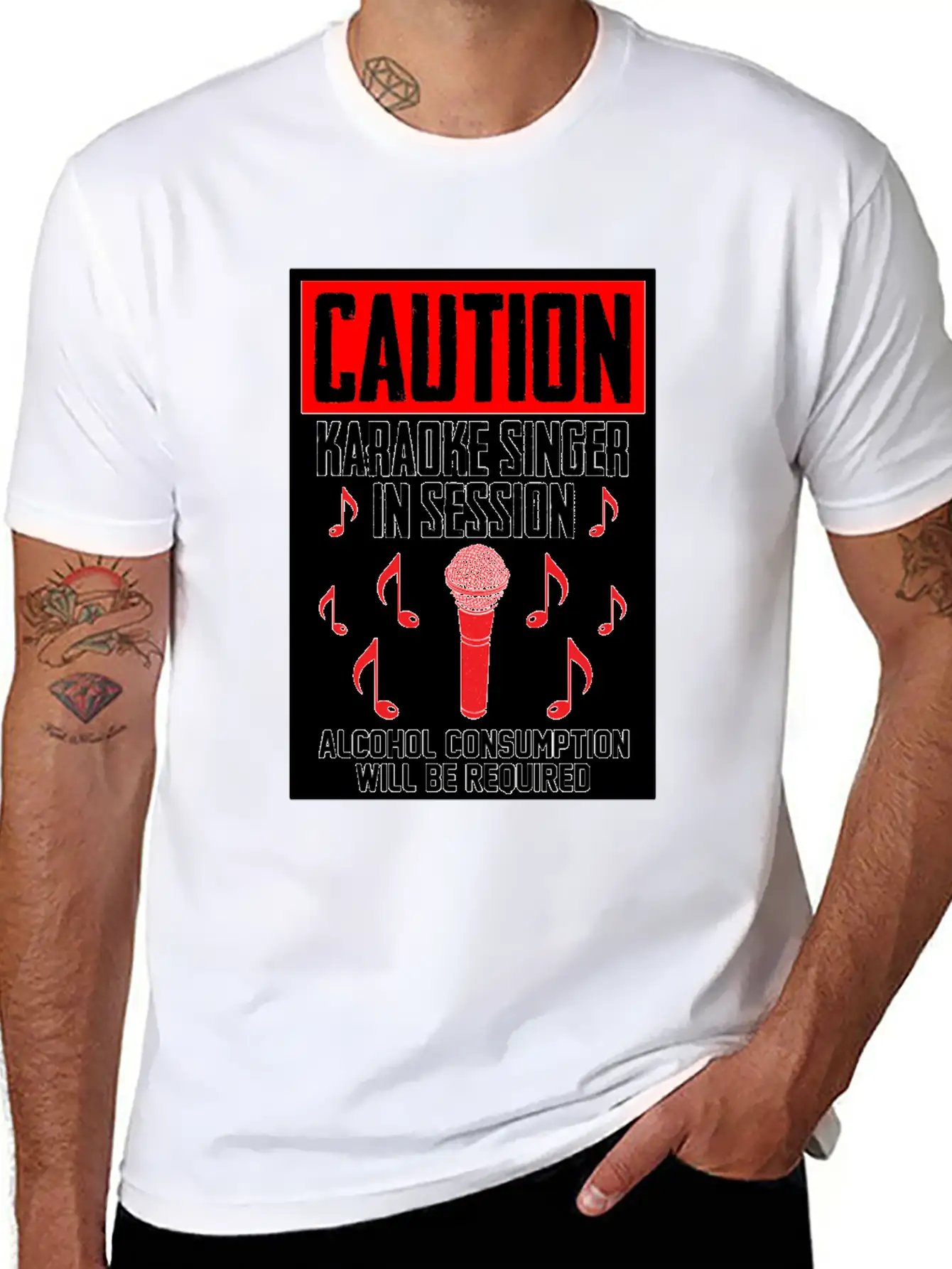 Caution Karaoke Singer In Session Microphone Music Stylish Everyday T-Shirt – Unisex Basic Cotton Tee