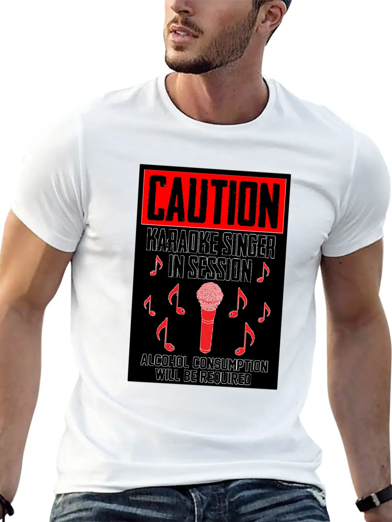 Caution Karaoke Singer In Session Microphone Music Stylish Everyday T-Shirt – Unisex Basic Cotton Tee