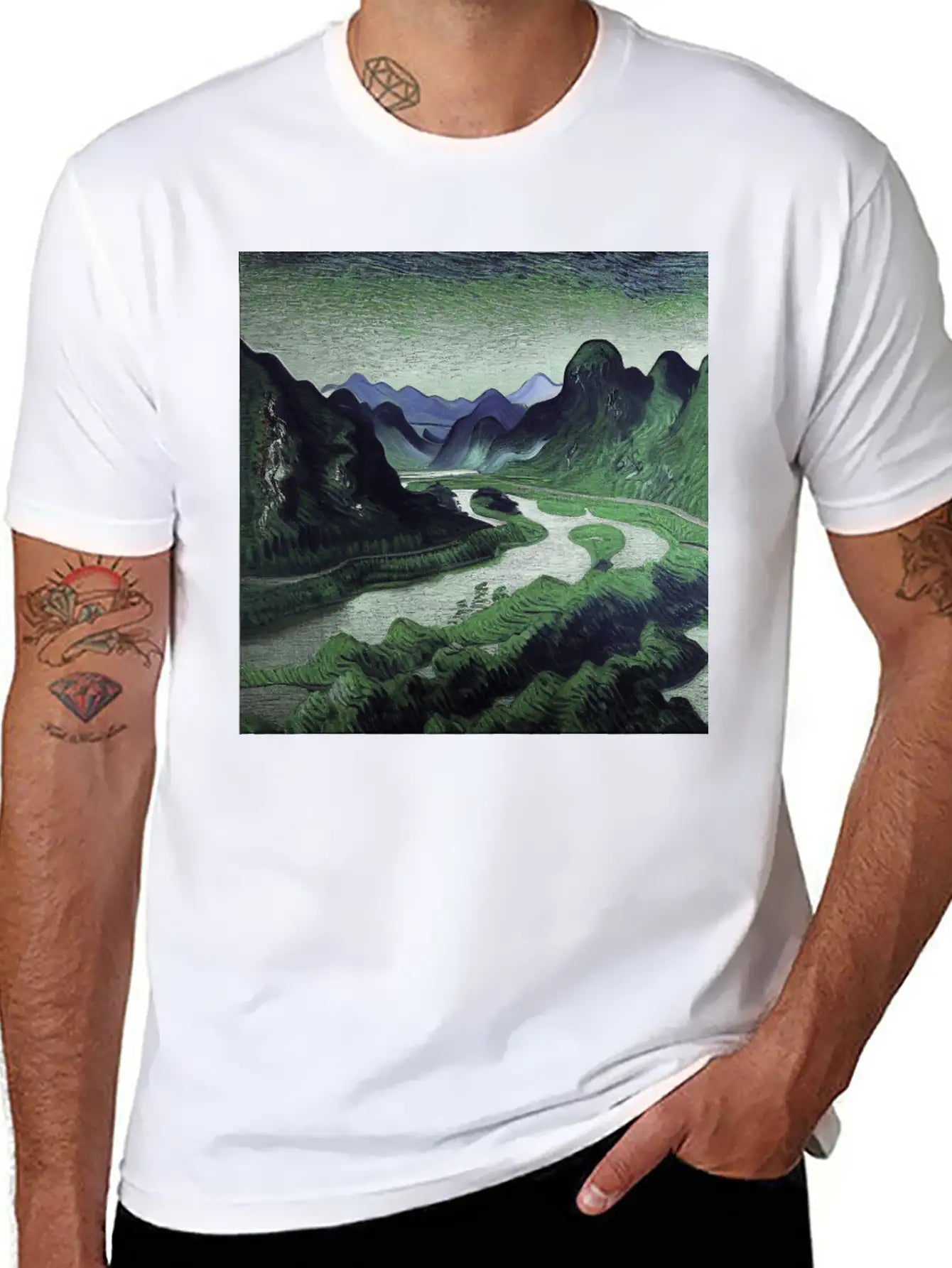 Chinese Li River Painting, Vincent Van Gogh Style Stylish Everyday T-Shirt – Unisex Basic Cotton Tee