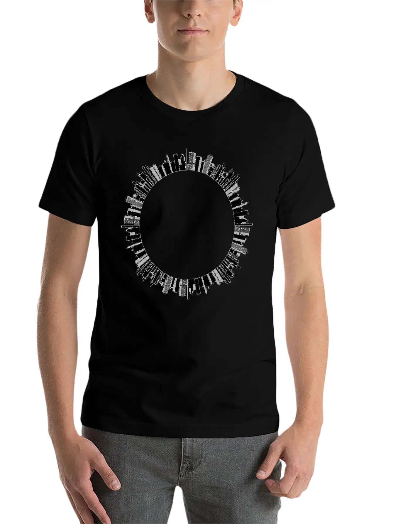 Cityscape Skyline Radial 2 Stylish Everyday T-Shirt – Unisex Basic Cotton Tee