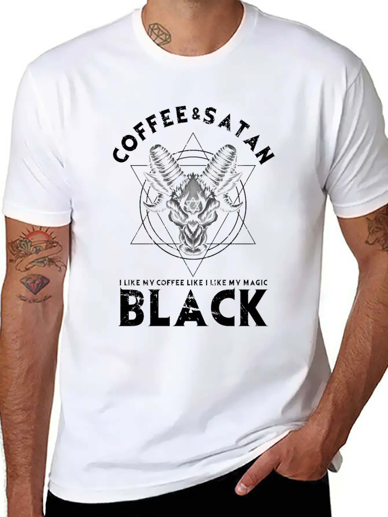 Coffee And Satan Occult Gothic Goth Baphomet Stylish Everyday T-Shirt – Unisex Basic Cotton Tee