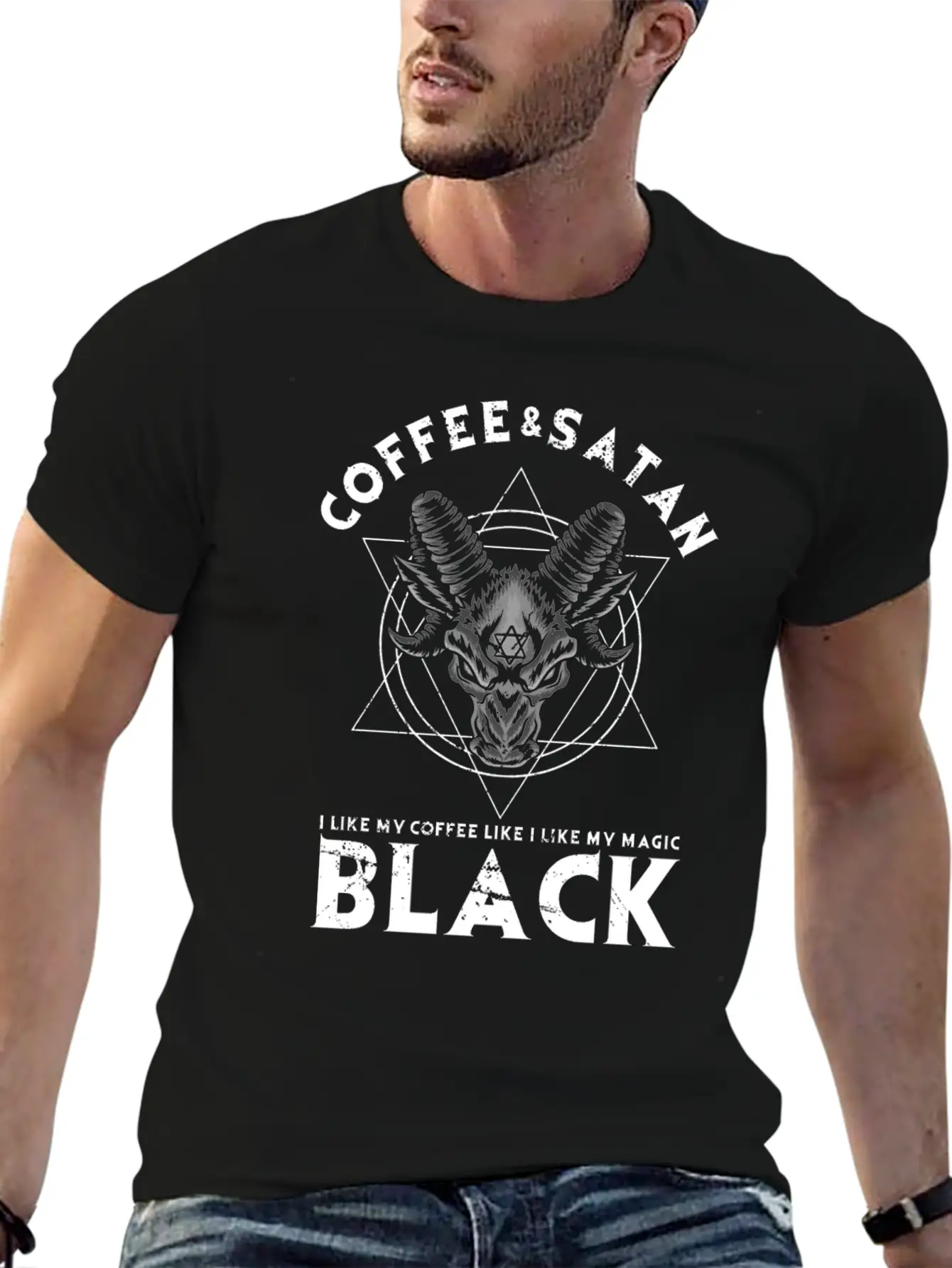 Coffee And Satan Occult Gothic Goth Baphomet Stylish Everyday T-Shirt – Unisex Basic Cotton Tee