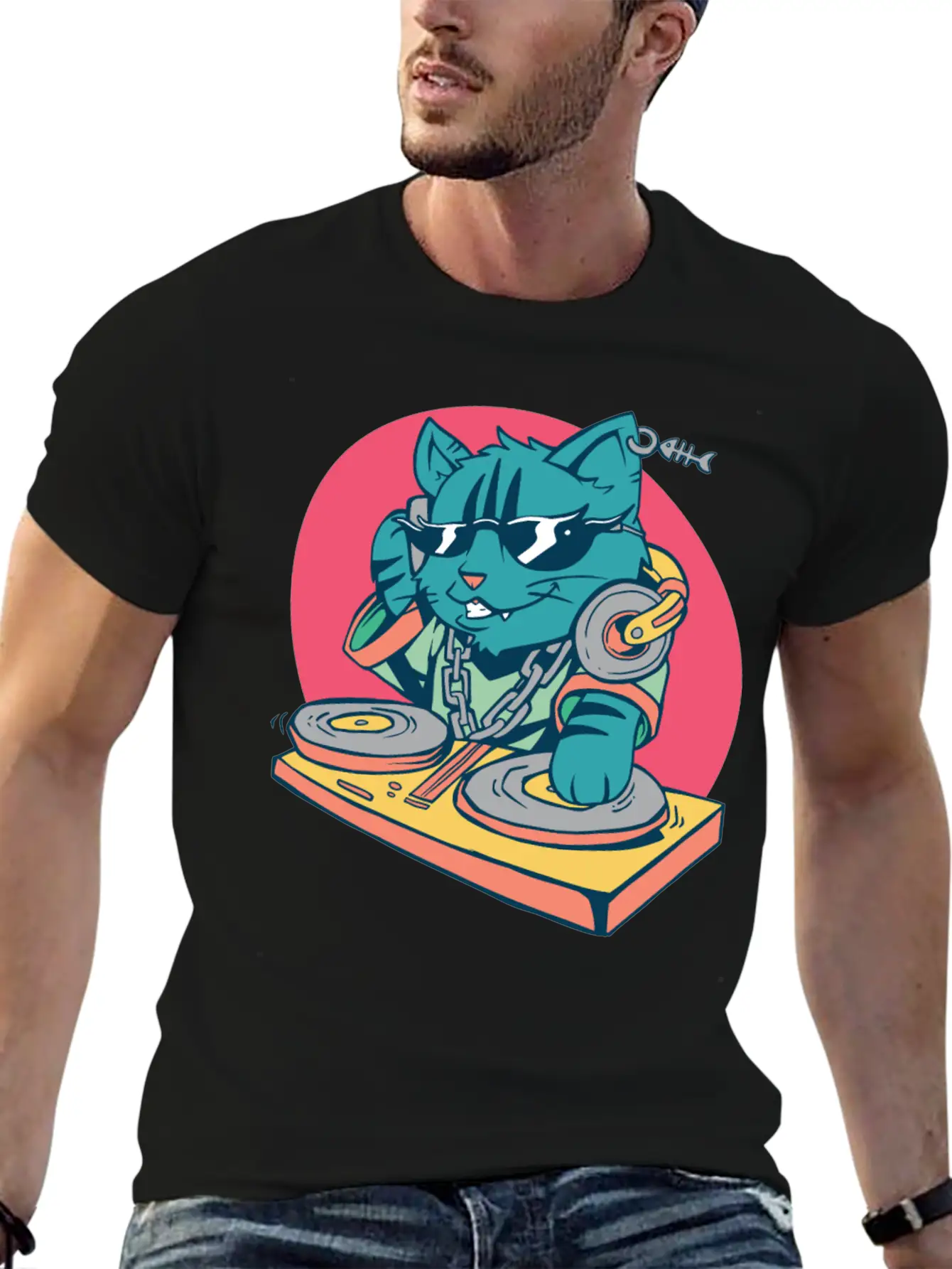 Cool DJ Cat Basic Graphic T-Shirt – Daily Comfort In Soft Cotton