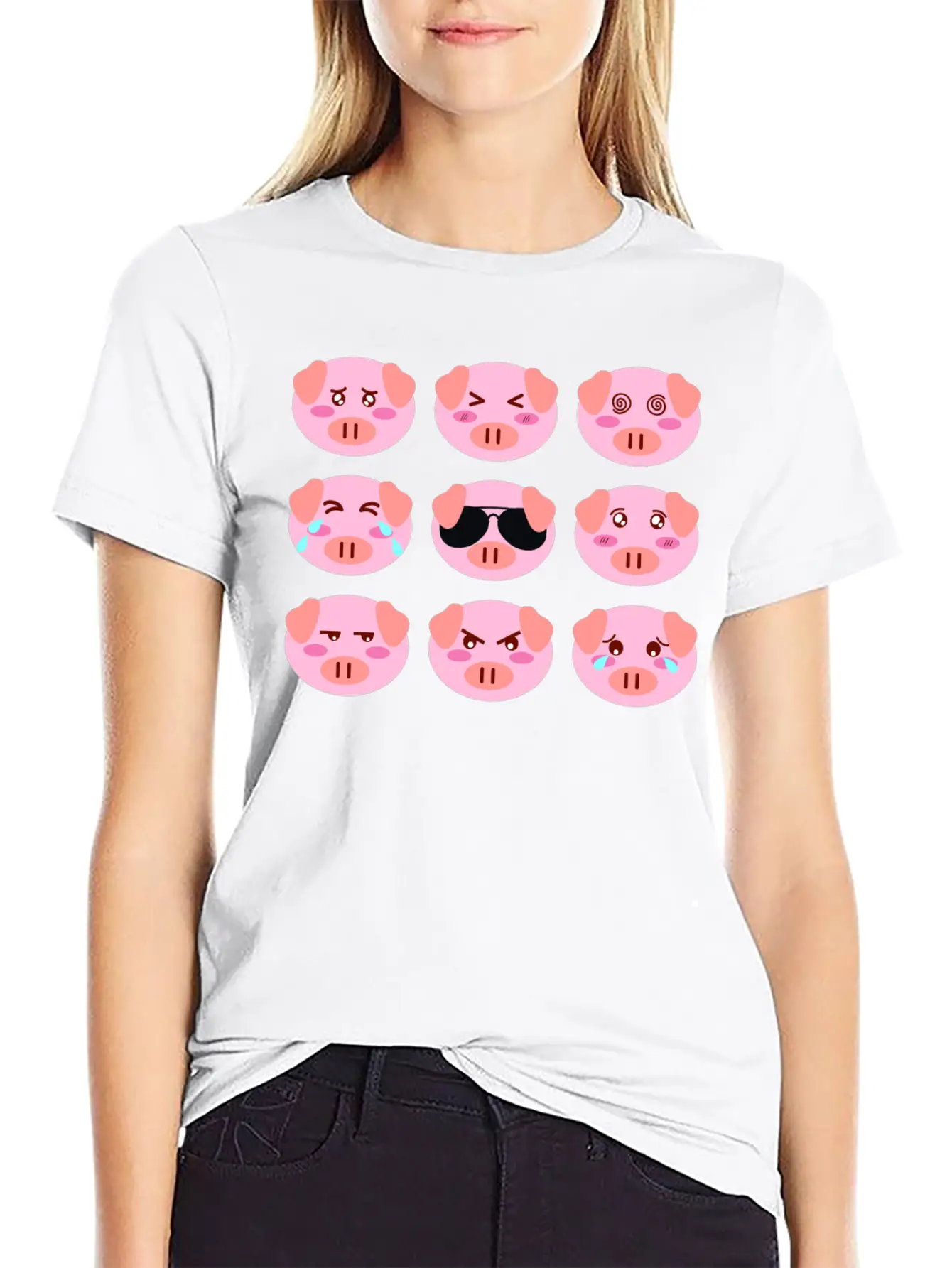 Cool Pig Pink Different Mood Faces Of Personality Stylish Everyday T-Shirt – Unisex Basic Cotton Tee