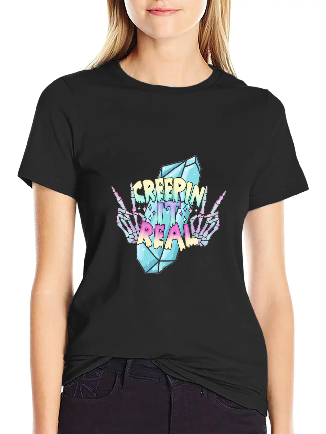 Creepin It Real Crystal Skeleton Hands Stylish Everyday T-Shirt – Unisex Basic Cotton Tee
