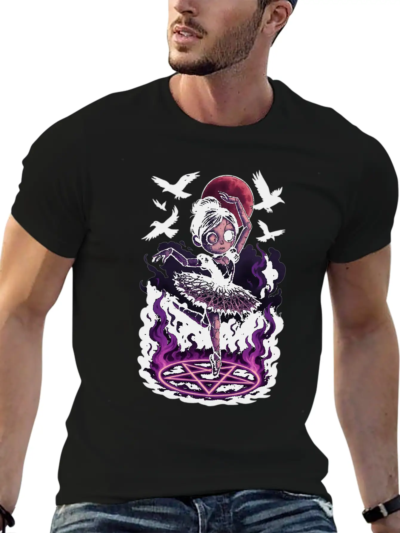 Creepy Ragdoll In Gothic Birdcage Halloween Art Stylish Everyday T-Shirt – Unisex Basic Cotton Tee