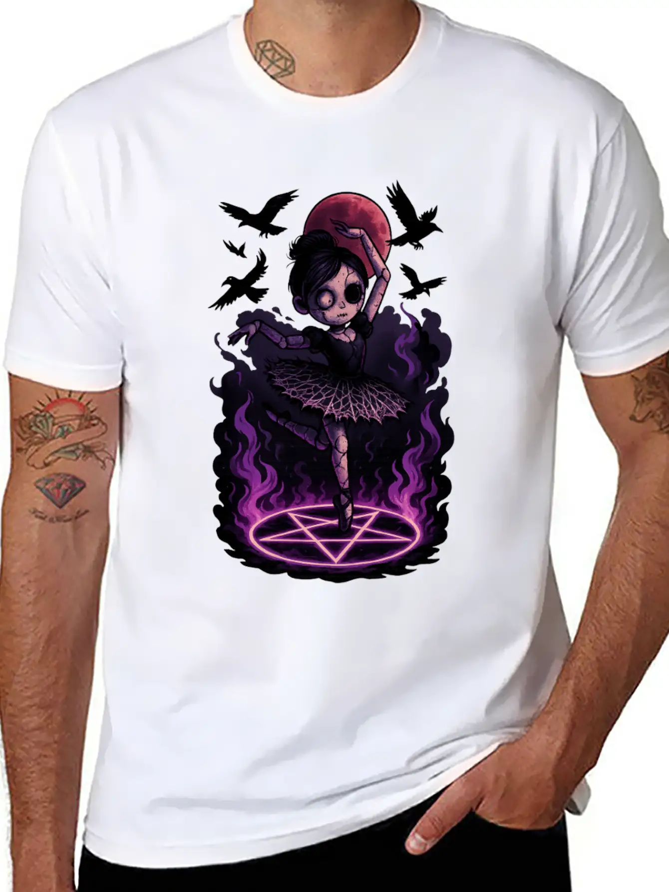 Creepy Ragdoll In Gothic Birdcage Halloween Art Stylish Everyday T-Shirt – Unisex Basic Cotton Tee