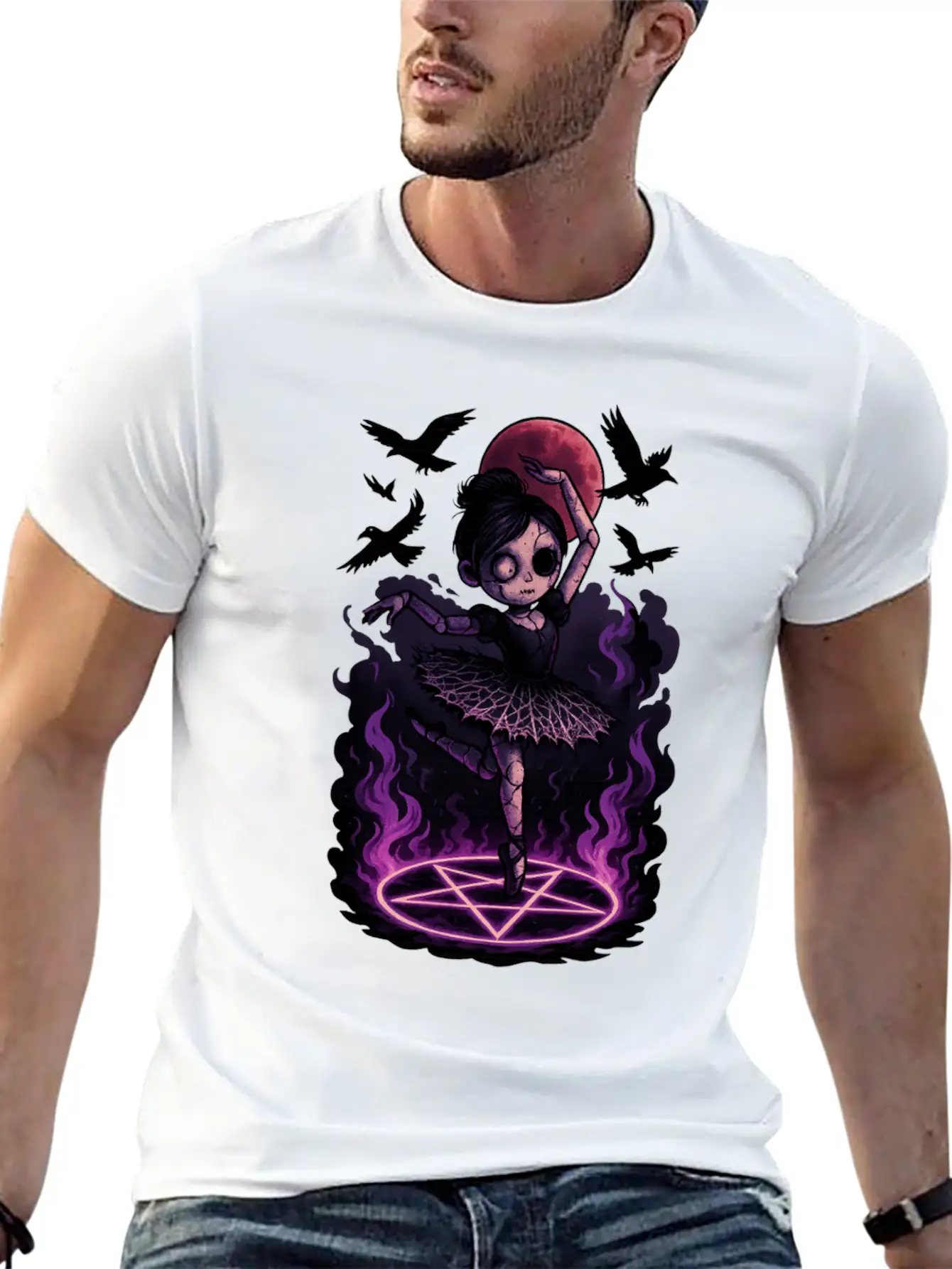 Creepy Ragdoll In Gothic Birdcage Halloween Art Stylish Everyday T-Shirt – Unisex Basic Cotton Tee