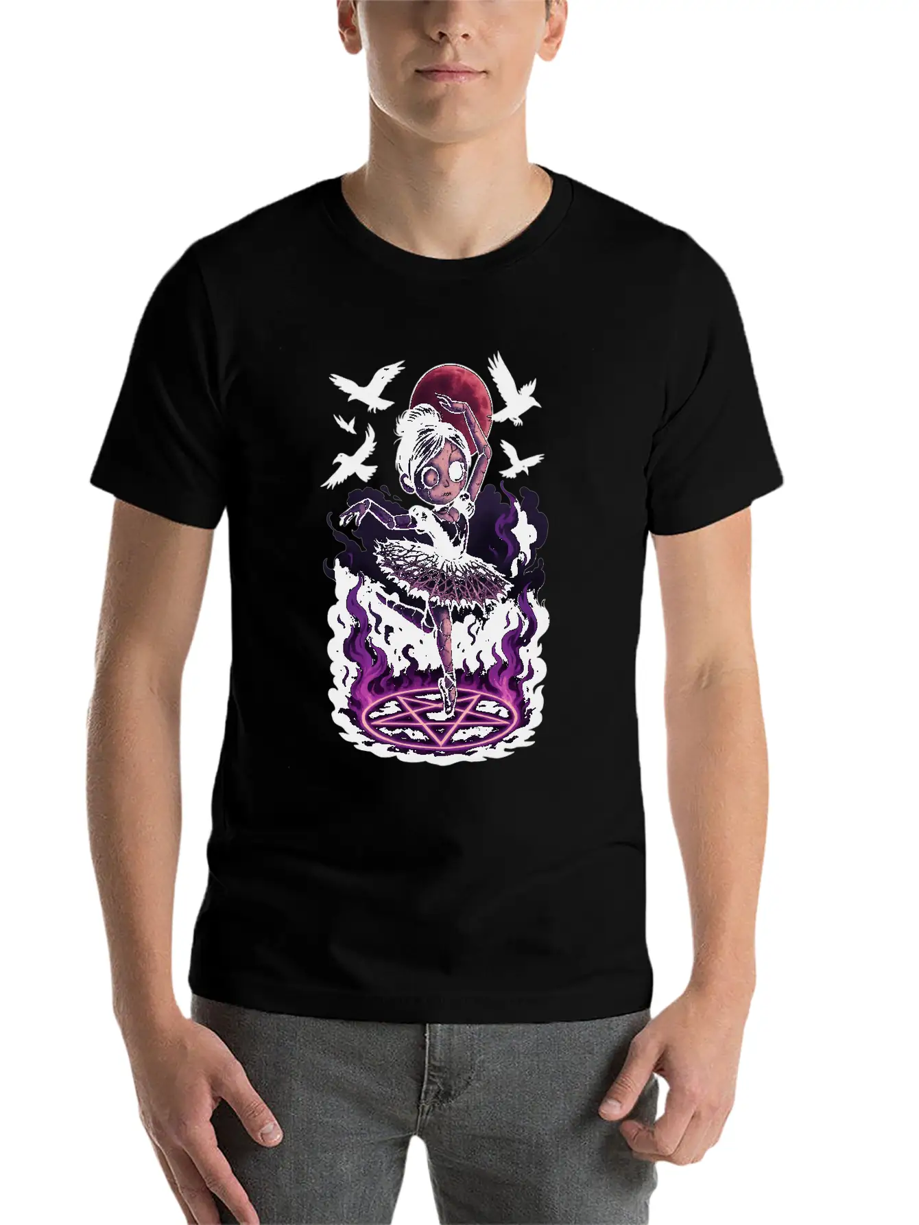Creepy Ragdoll In Gothic Birdcage Halloween Art Stylish Everyday T-Shirt – Unisex Basic Cotton Tee