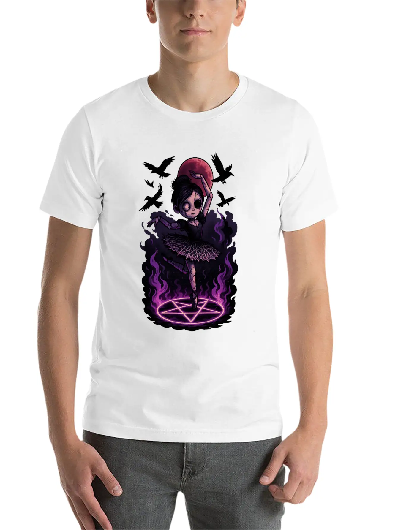 Creepy Ragdoll In Gothic Birdcage Halloween Art Stylish Everyday T-Shirt – Unisex Basic Cotton Tee
