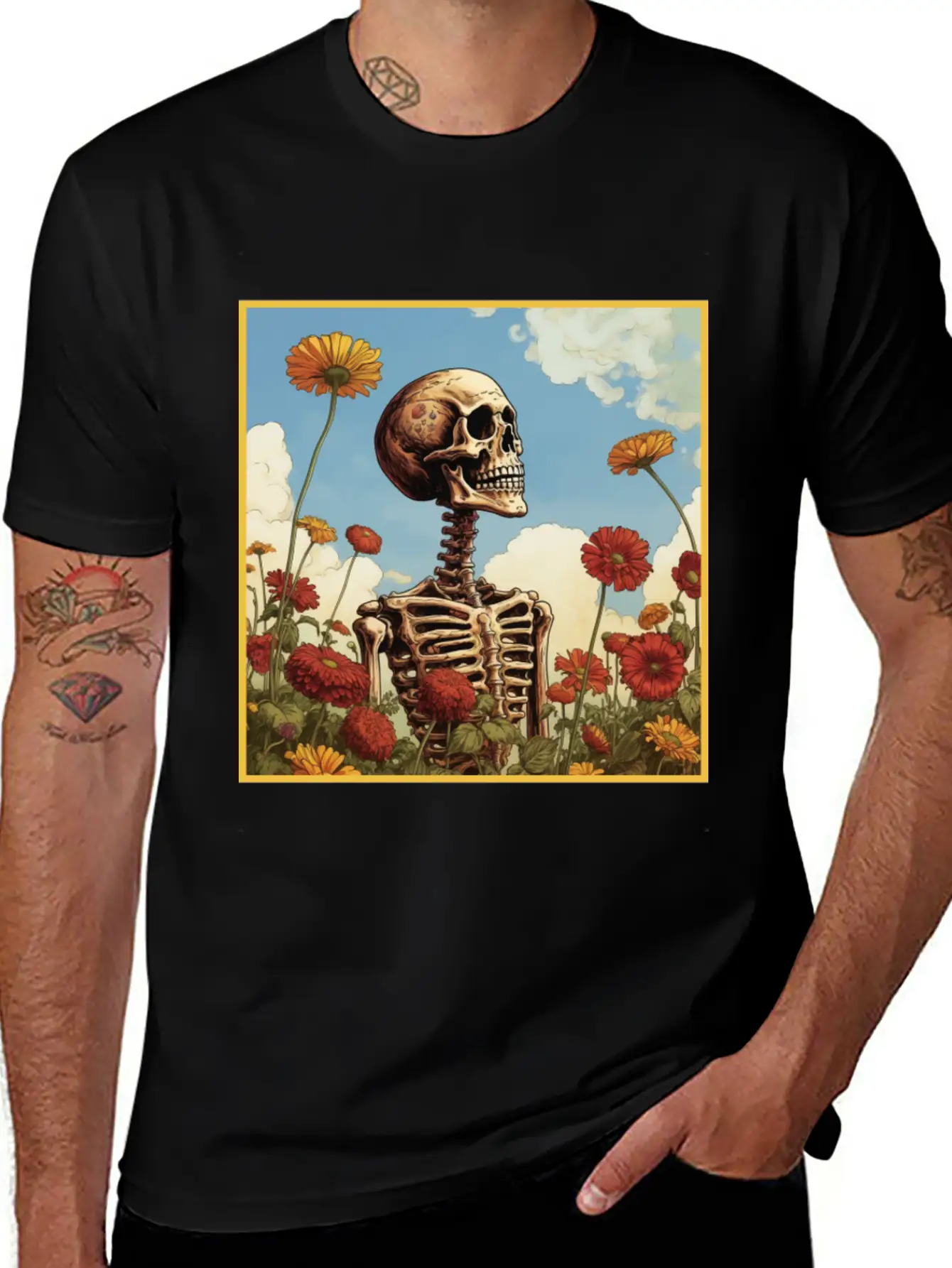 Creepy Skeleton Flower Cartoon Vintage Stylish Everyday T-Shirt – Unisex Basic Cotton Tee
