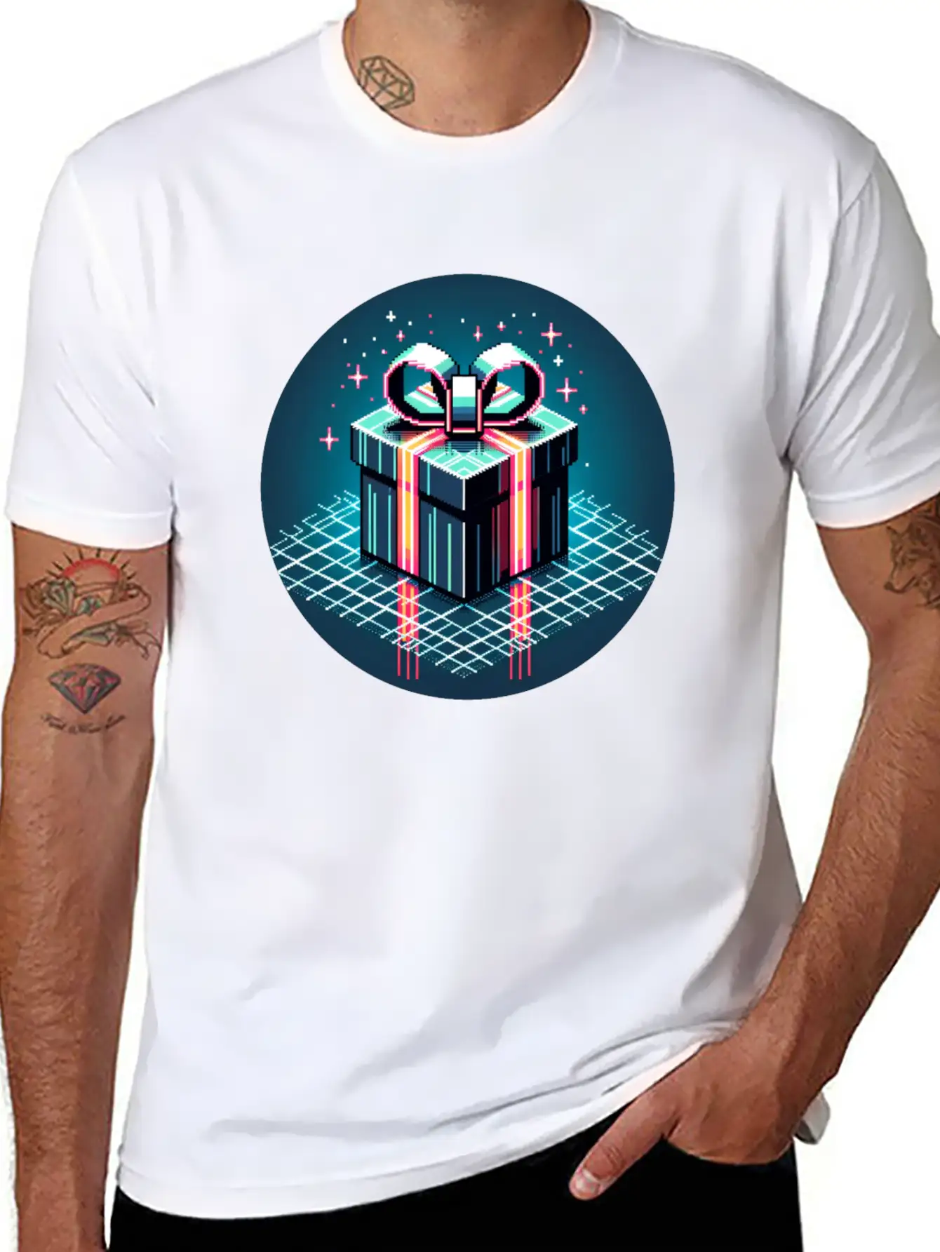 Cyberpunk Pixel Art Gift Box - Neon Ribbons Basic Graphic T-Shirt – Daily Comfort In Soft Cotton