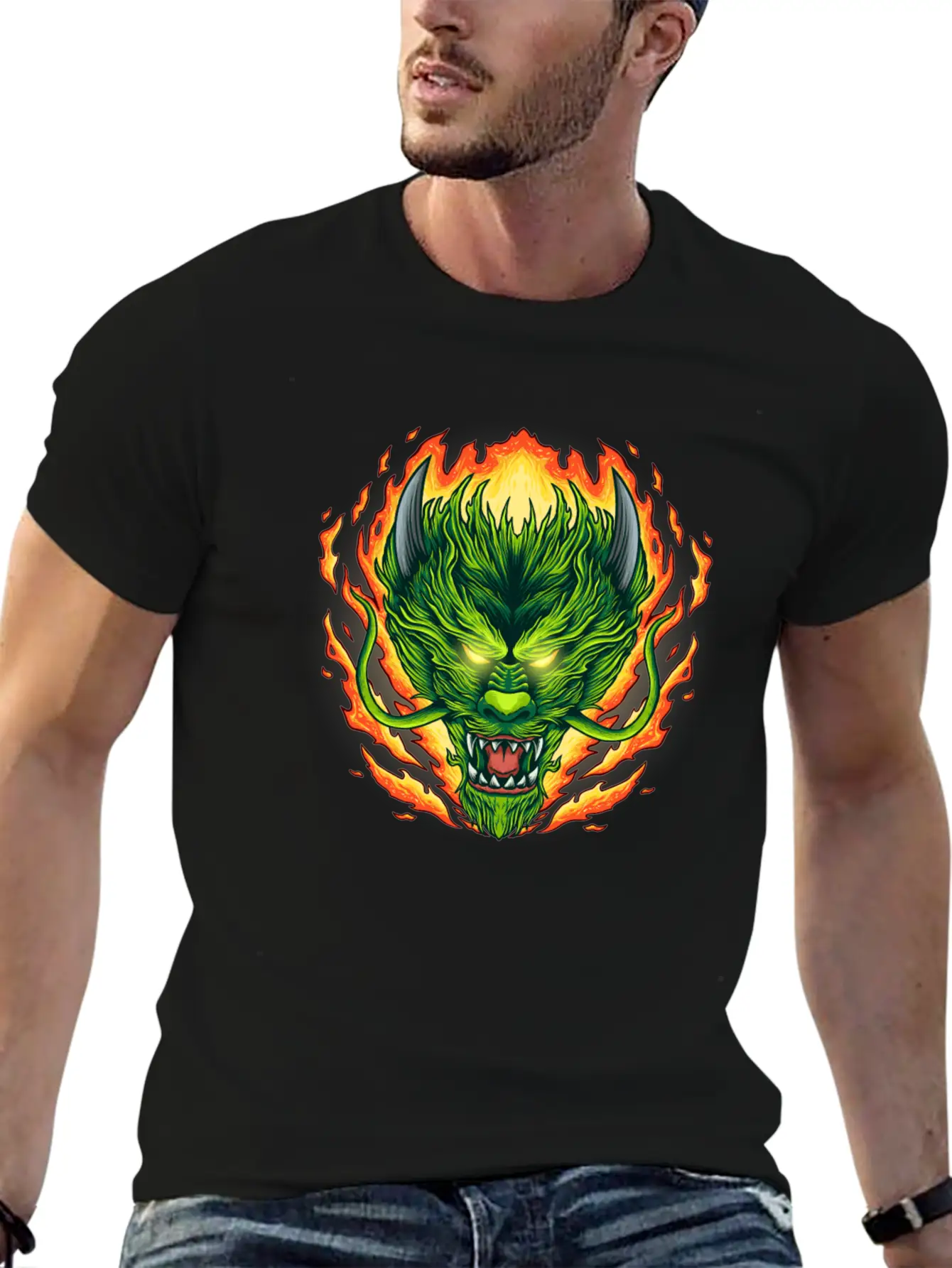 Dragon Head On Fire Stylish Everyday T-Shirt – Unisex Basic Cotton Tee