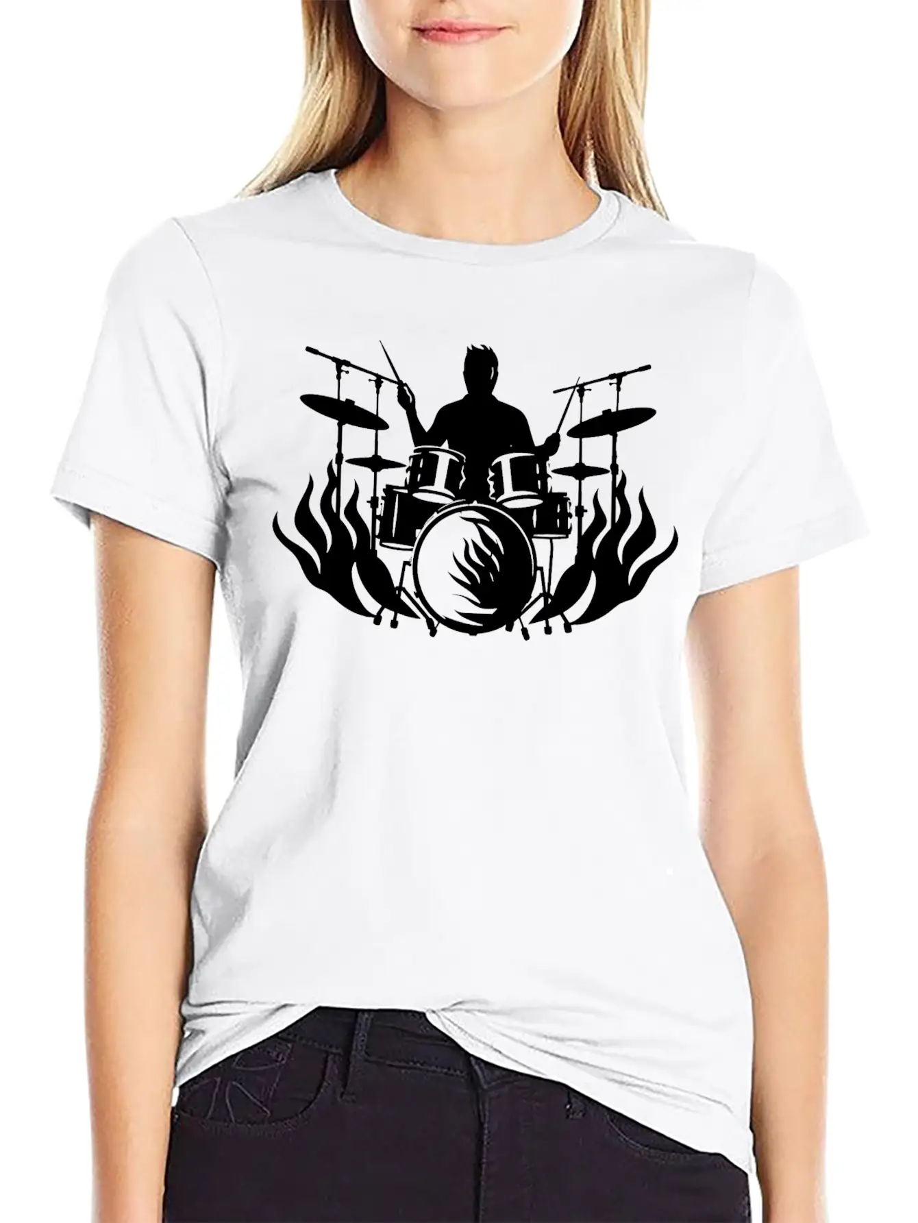 Drum Player Drawing Classic Crew Neck Graphic Tee – Everyday Minimal Look