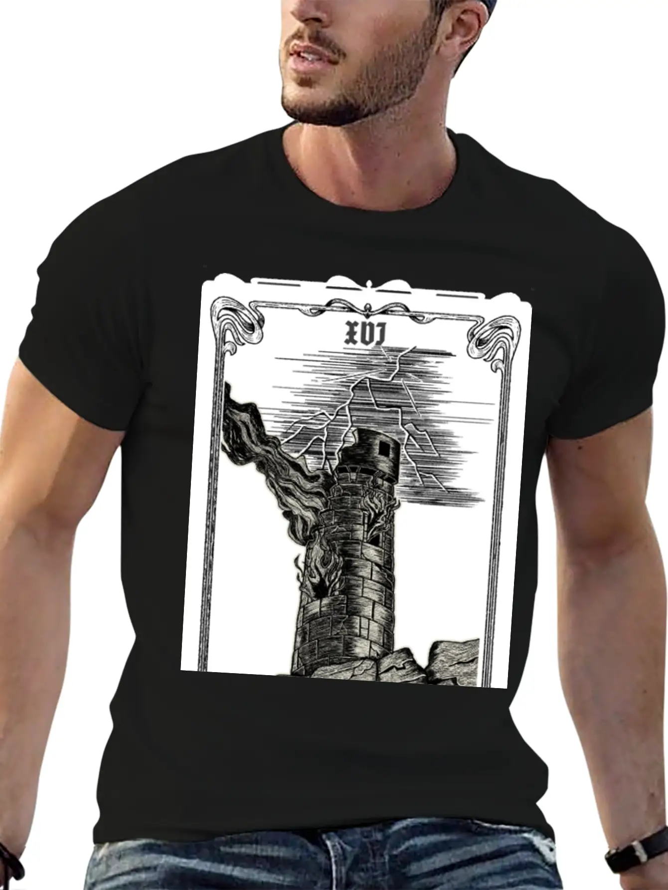 Engraving Tarot The Tower XVI Classic Cotton Tee – Unisex Comfort For Any Season