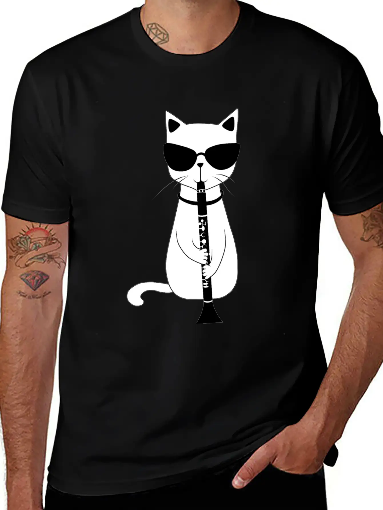 Funny Cat Wearing Sunglasses Playing Oboe T-Shirt Stylish Everyday T-Shirt – Unisex Basic Cotton Tee
