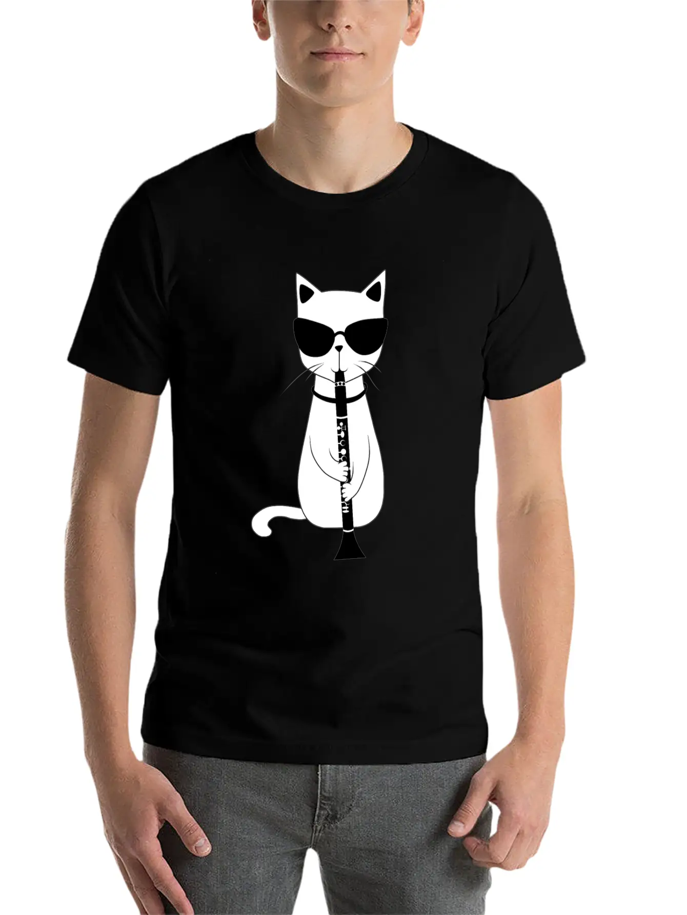 Funny Cat Wearing Sunglasses Playing Oboe T-Shirt Stylish Everyday T-Shirt – Unisex Basic Cotton Tee