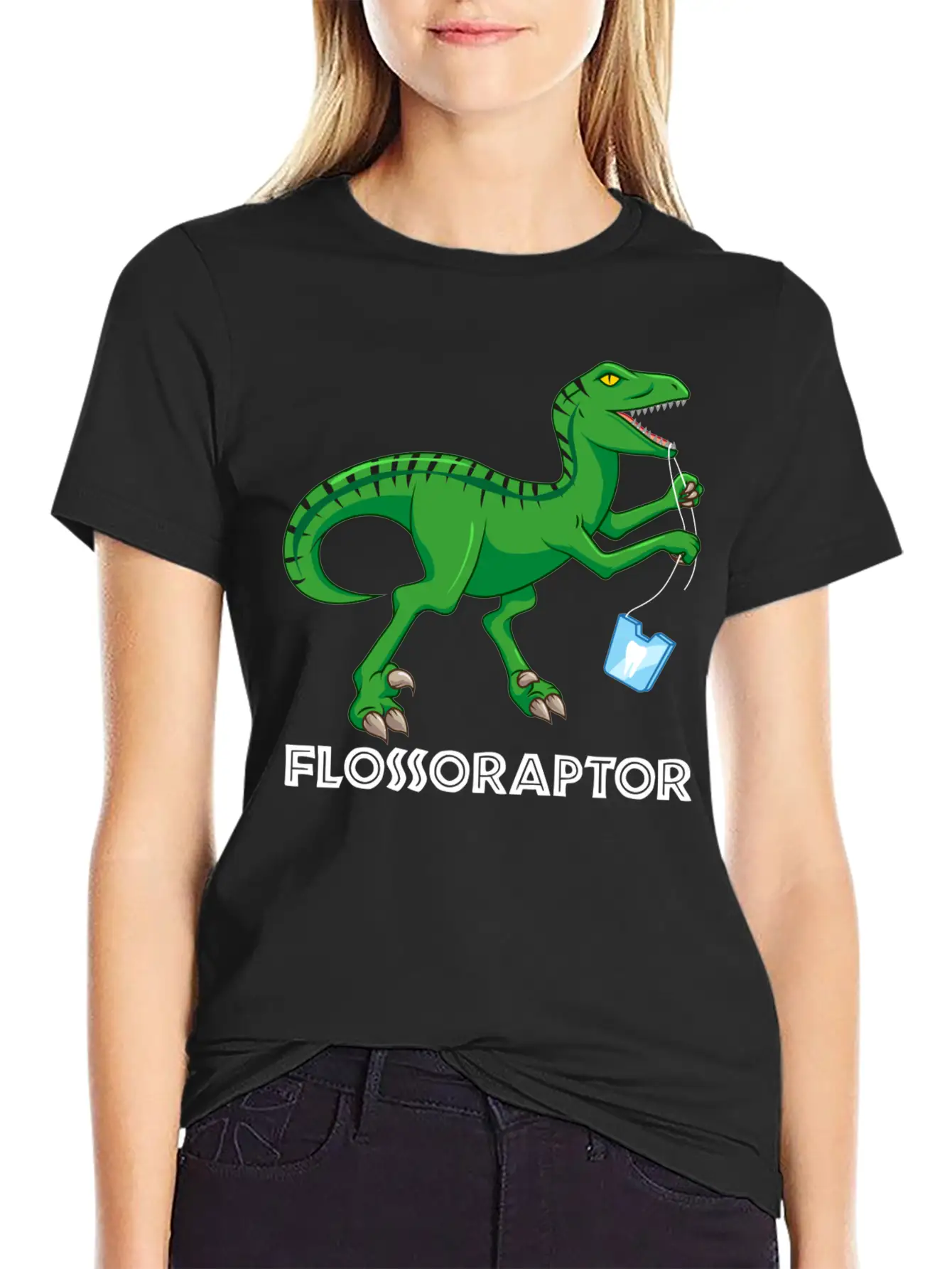 Funny Dentist Flossoraptor Flossing Dinosaur Denta Basic Graphic T-Shirt – Daily Comfort In Soft Cotton