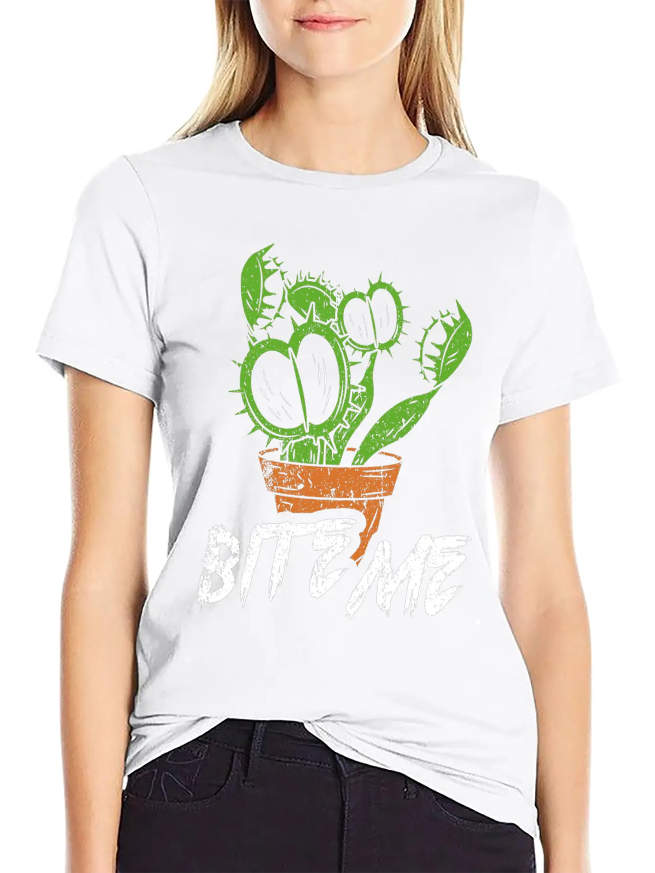 Funny Succulent Design Quote Bite Me Carnivorous Simple Everyday Graphic Tee – Lightweight Summer Wear