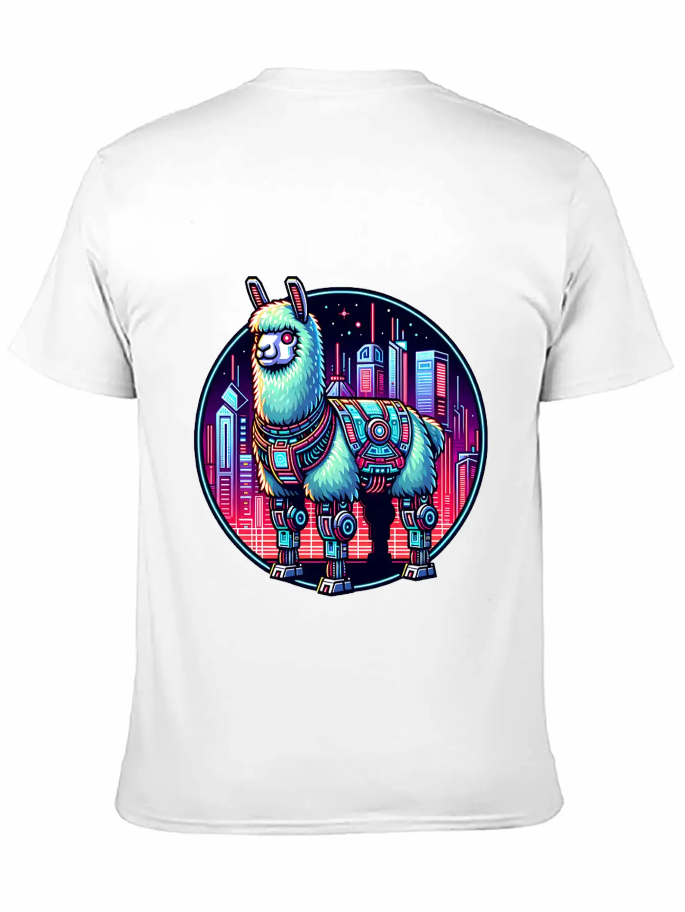Futuristic Cyberpunk Llama In Neon Cityscape Relaxed Everyday Tee – Lightweight And Durable Cotton