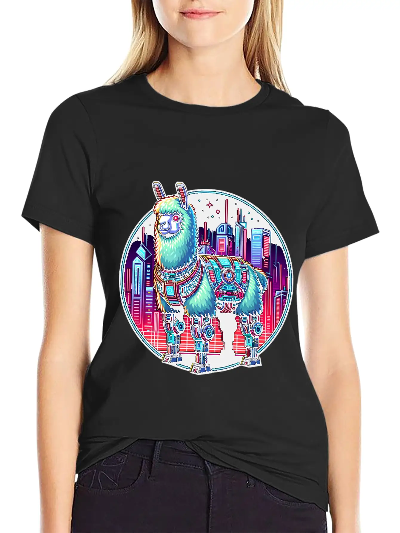 Futuristic Cyberpunk Llama In Neon Cityscape Relaxed Everyday Tee – Lightweight And Durable Cotton