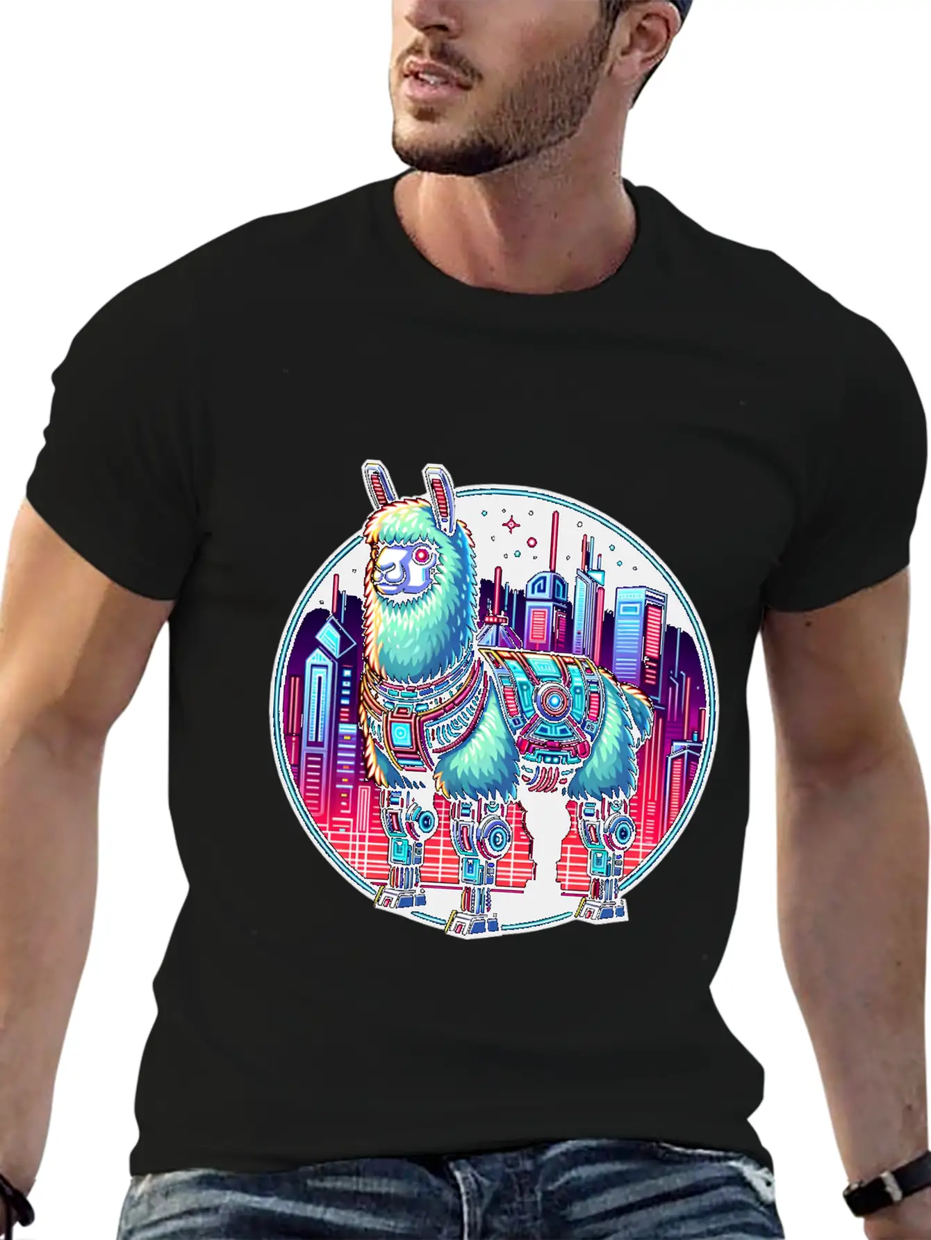 Futuristic Cyberpunk Llama In Neon Cityscape Relaxed Everyday Tee – Lightweight And Durable Cotton