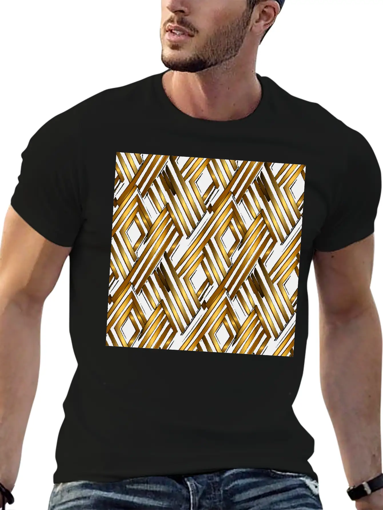 Golden Lattice: Luxurious Linearity In Gold Simple Everyday Graphic Tee – Lightweight Summer Wear