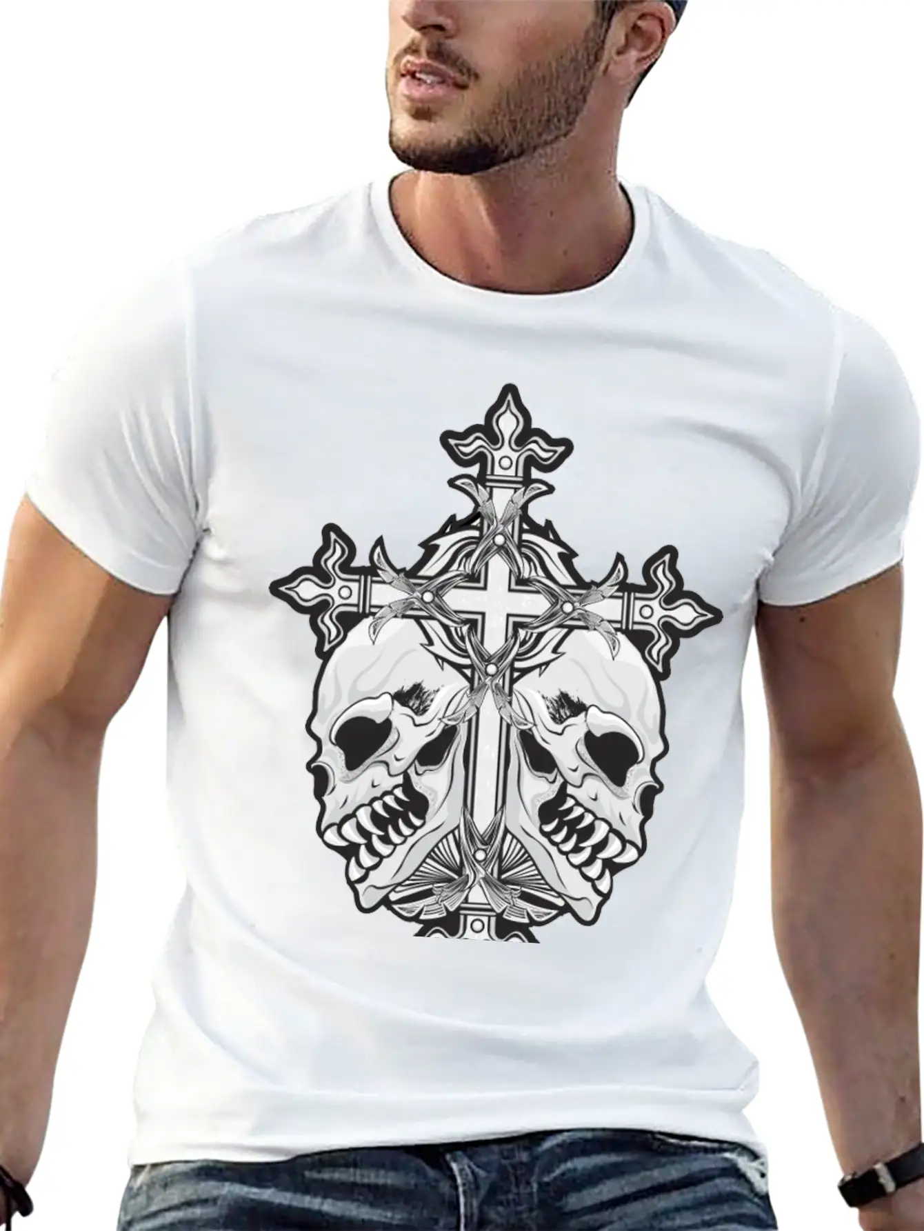 Gothic Cross With Skulls Simple Everyday Graphic Tee – Lightweight Summer Wear
