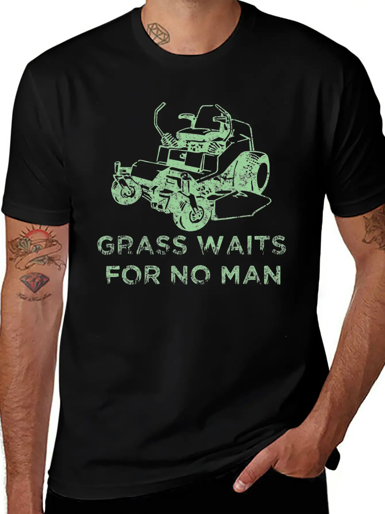 Grass Waits For No Man Funny Mens Grass Cutting Stylish Everyday T-Shirt – Unisex Basic Cotton Tee