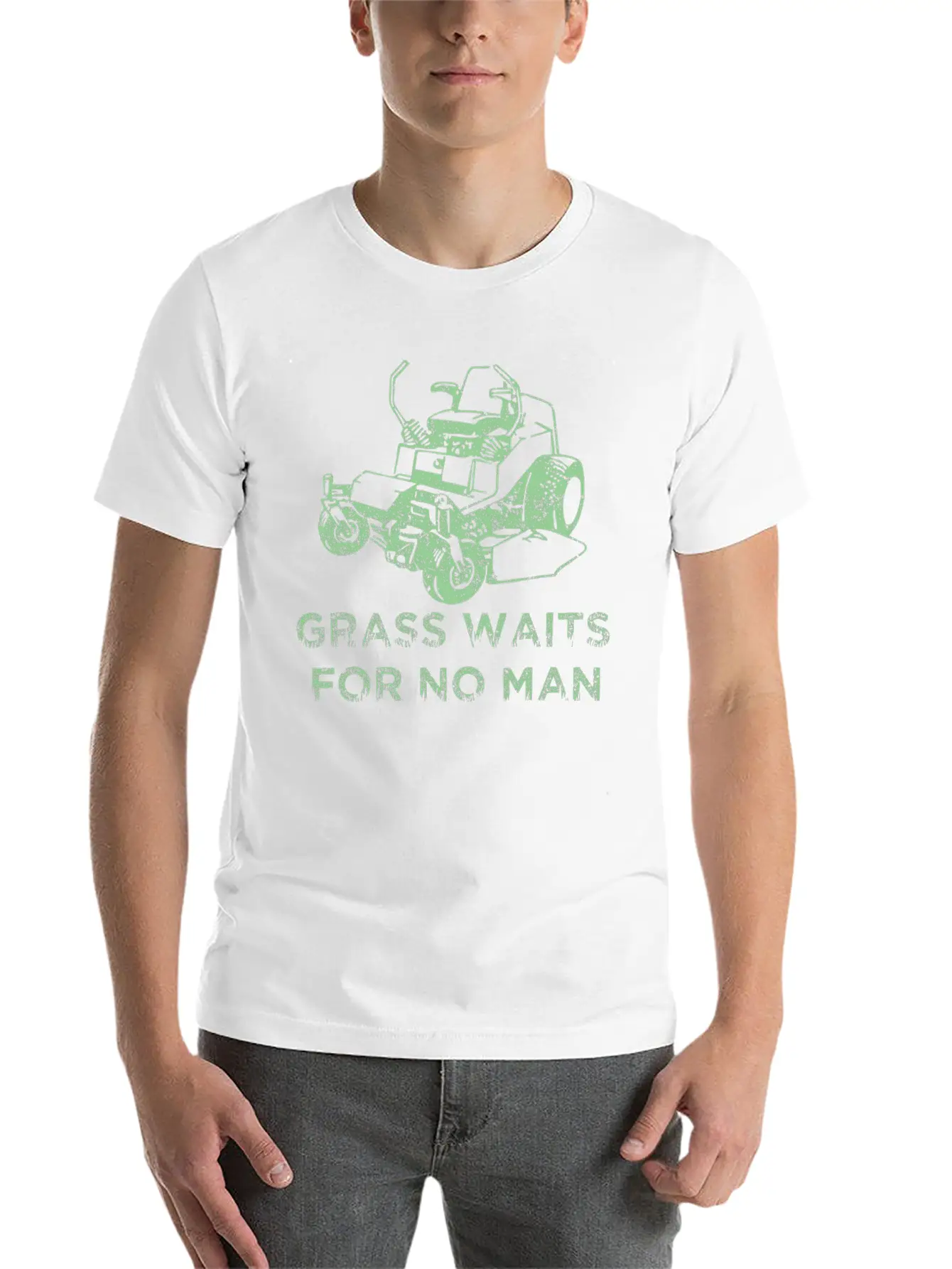 Grass Waits For No Man Funny Mens Grass Cutting Stylish Everyday T-Shirt – Unisex Basic Cotton Tee