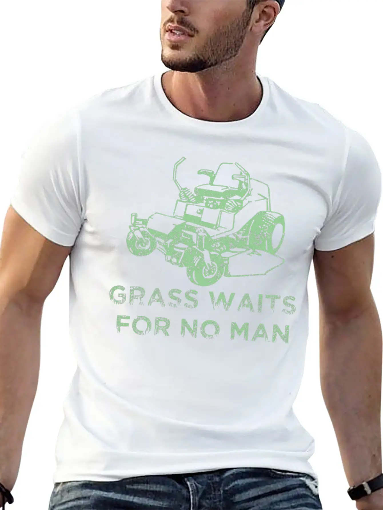 Grass Waits For No Man Funny Mens Grass Cutting Stylish Everyday T-Shirt – Unisex Basic Cotton Tee