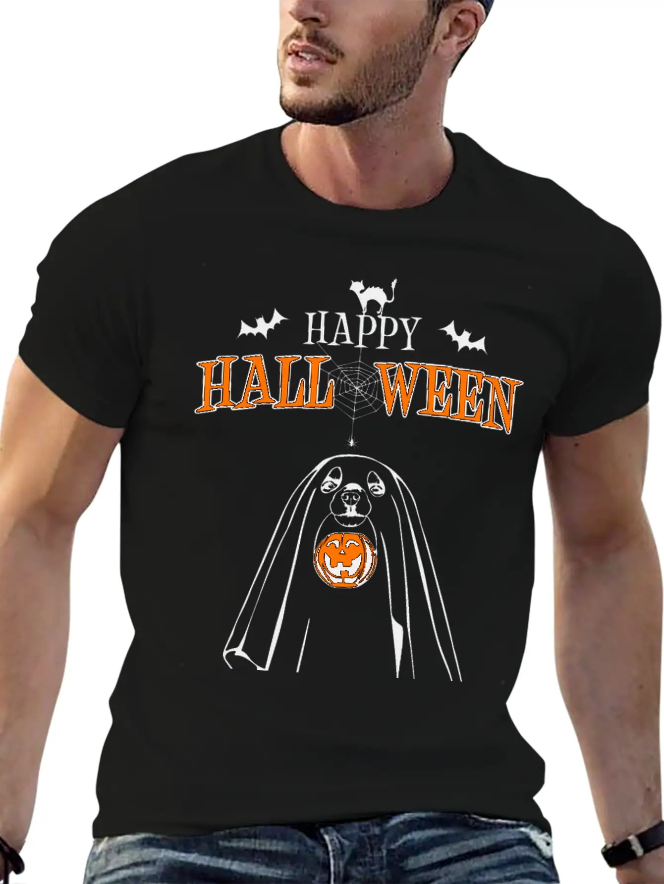 Happy Halloween Ghost Dog Wilsigns Stylish Everyday T-Shirt – Unisex Basic Cotton Tee