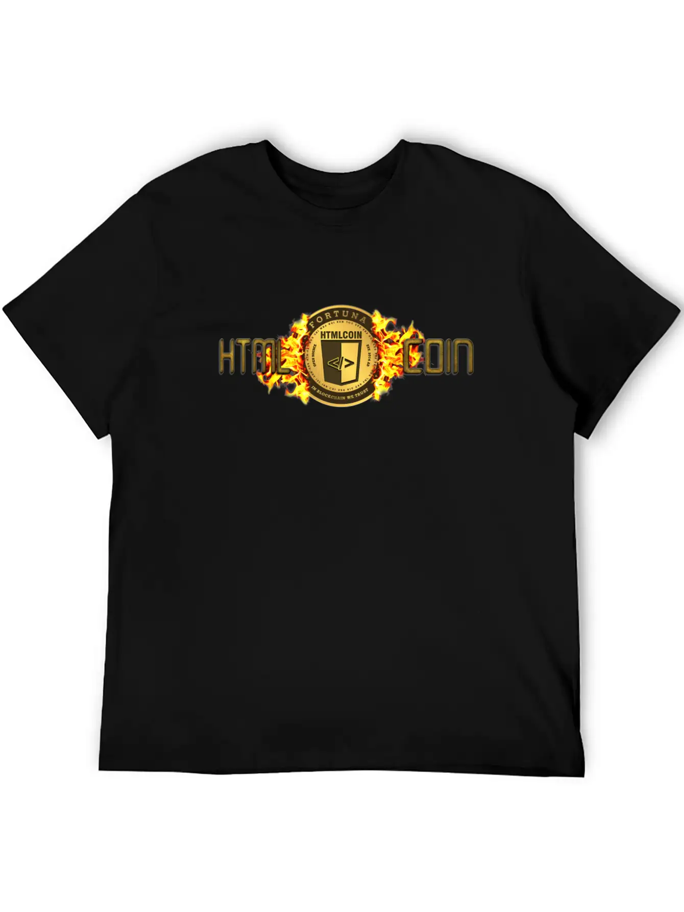 HTMLcoin Crypto Currency Fiery Flames. Stylish Everyday T-Shirt – Unisex Basic Cotton Tee