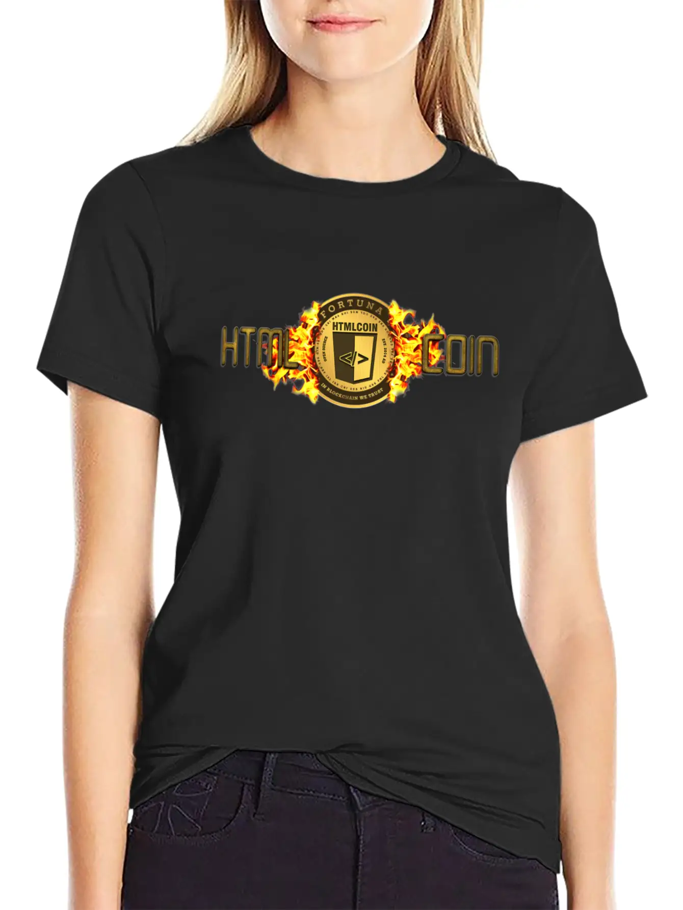 HTMLcoin Crypto Currency Fiery Flames. Stylish Everyday T-Shirt – Unisex Basic Cotton Tee