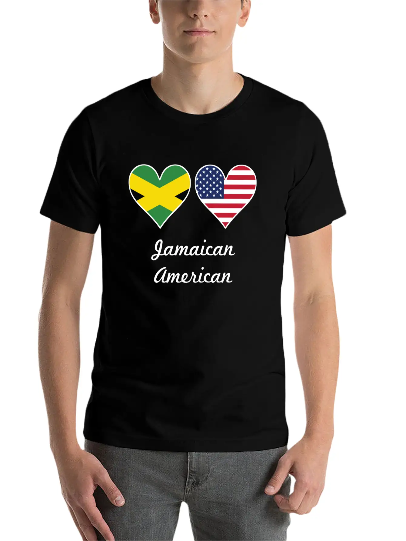 Jamaican American Flag Hearts Stylish Everyday T-Shirt – Unisex Basic Cotton Tee