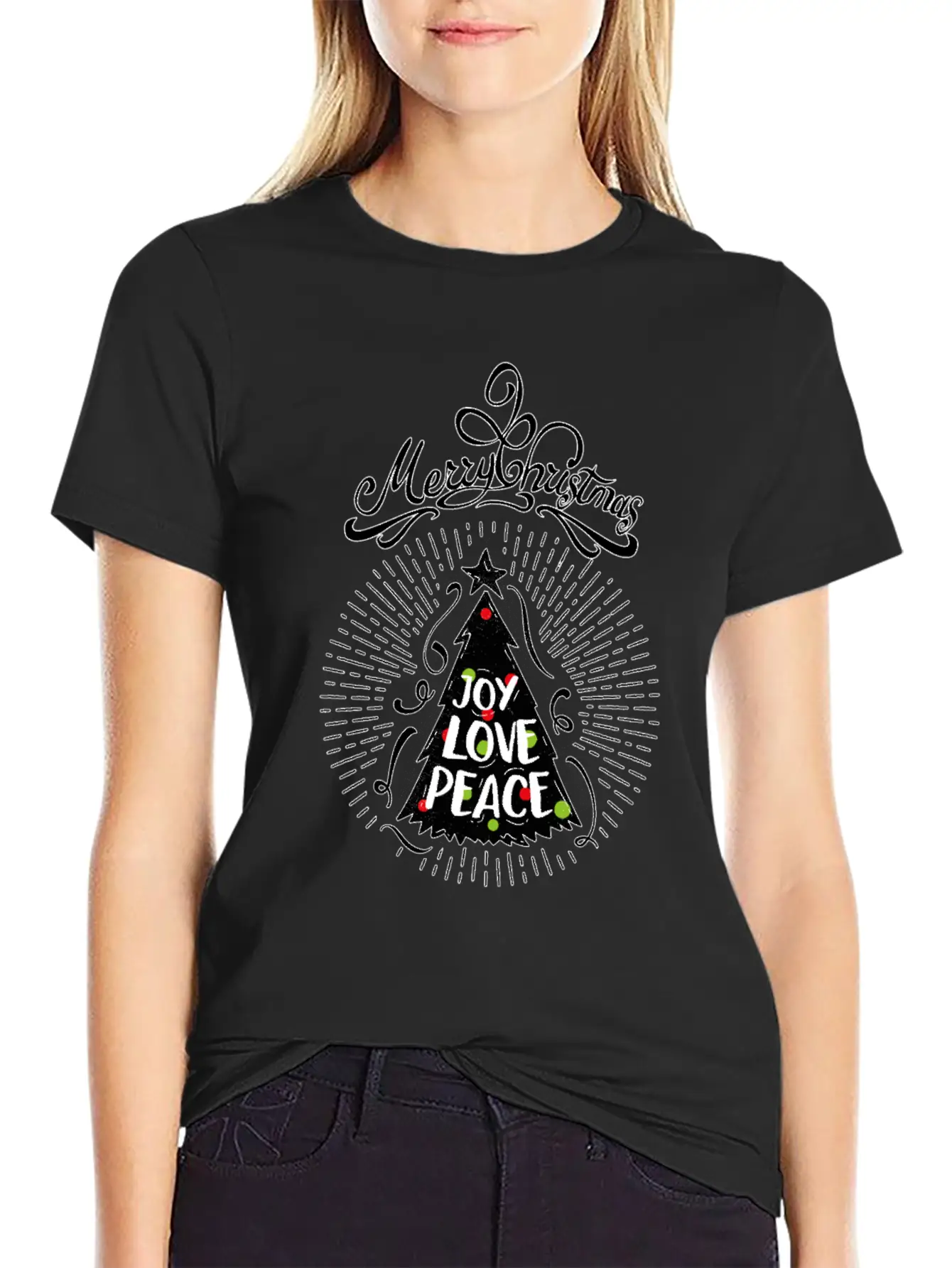 Joy,Love, Peace- Merry Christmas Design,Xmas Tree Breathable Graphic T-Shirt – Perfect For Casual Days