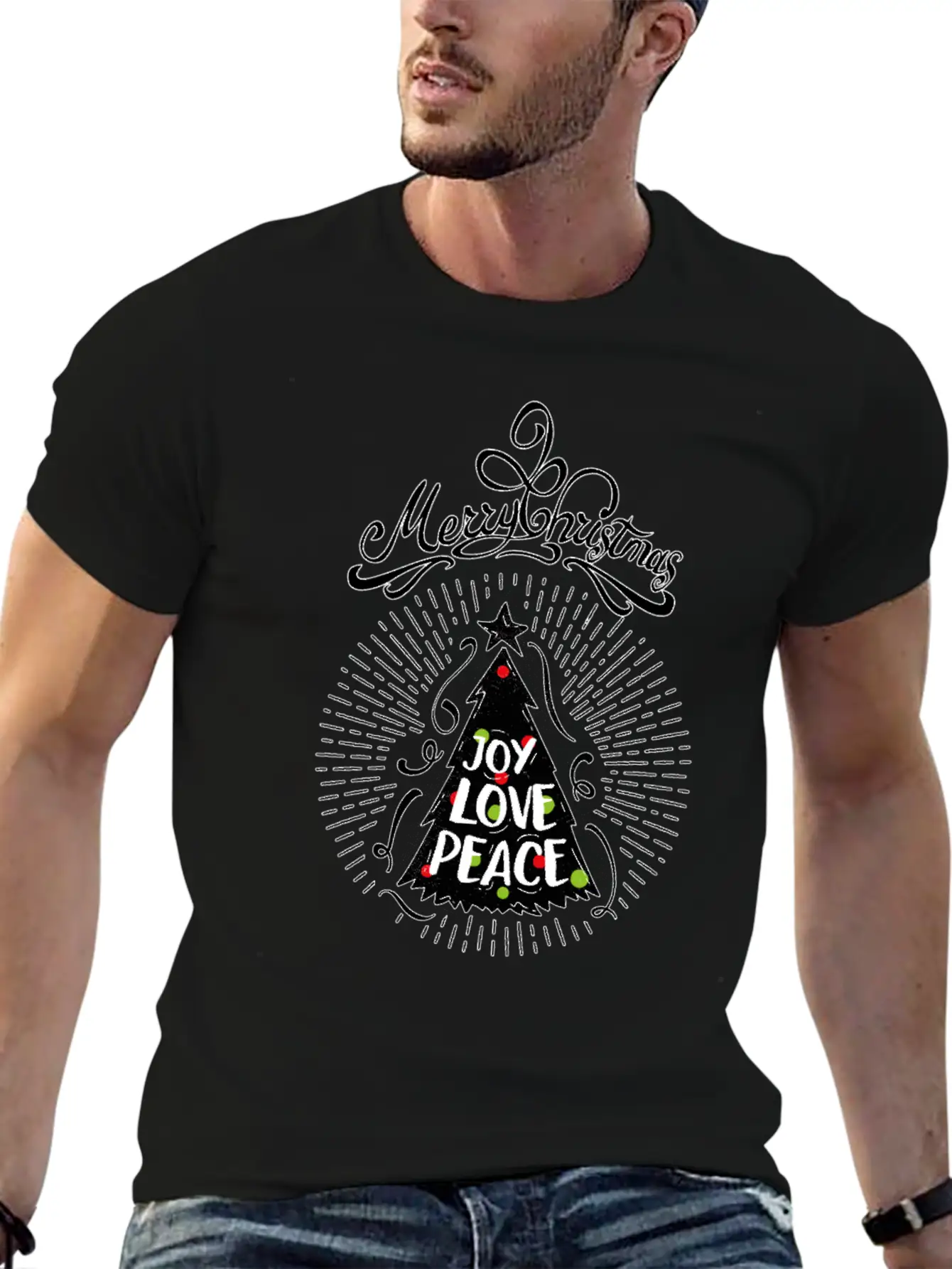 Joy,Love, Peace- Merry Christmas Design,Xmas Tree Breathable Graphic T-Shirt – Perfect For Casual Days
