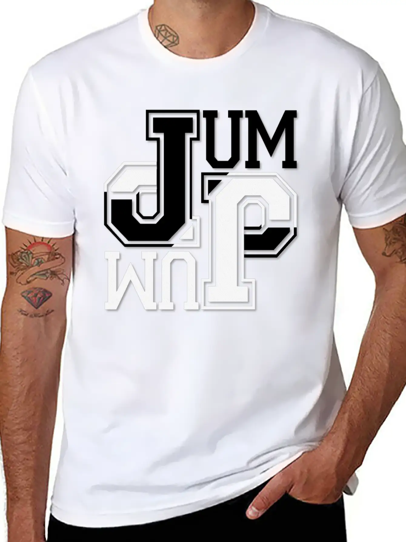 JUMP Ambigram Calligraphy Design Stylish Everyday T-Shirt – Unisex Basic Cotton Tee