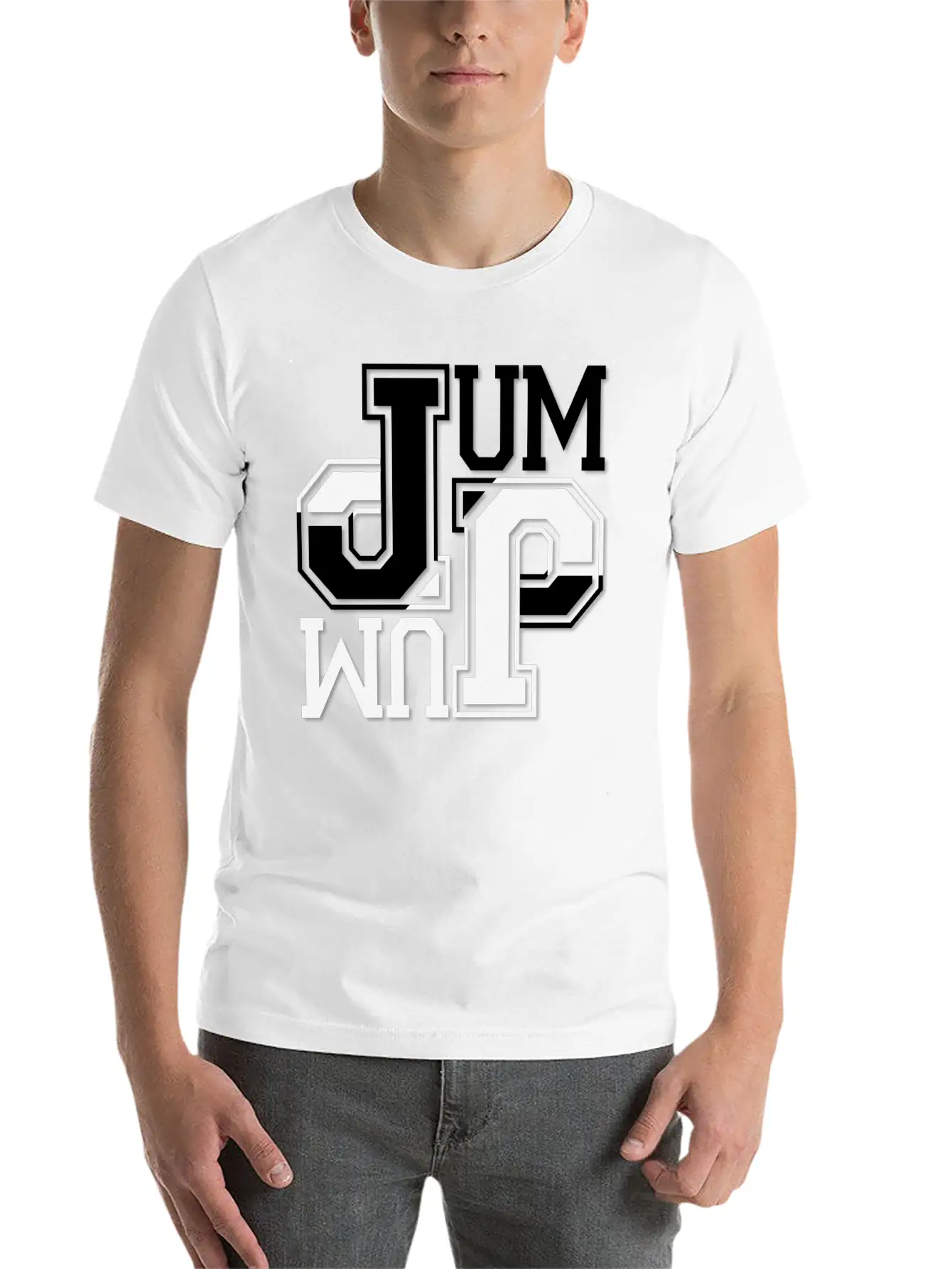 JUMP Ambigram Calligraphy Design Stylish Everyday T-Shirt – Unisex Basic Cotton Tee