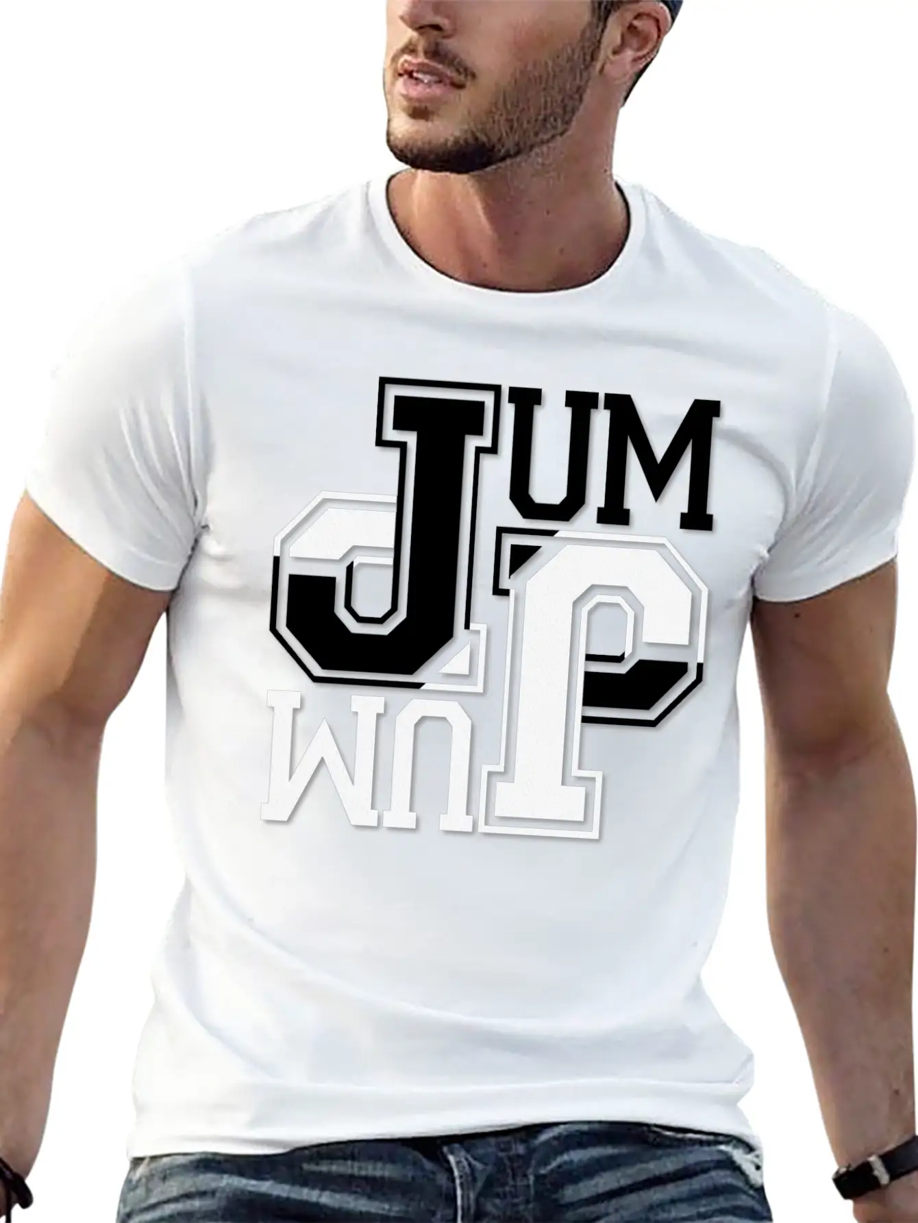 JUMP Ambigram Calligraphy Design Stylish Everyday T-Shirt – Unisex Basic Cotton Tee