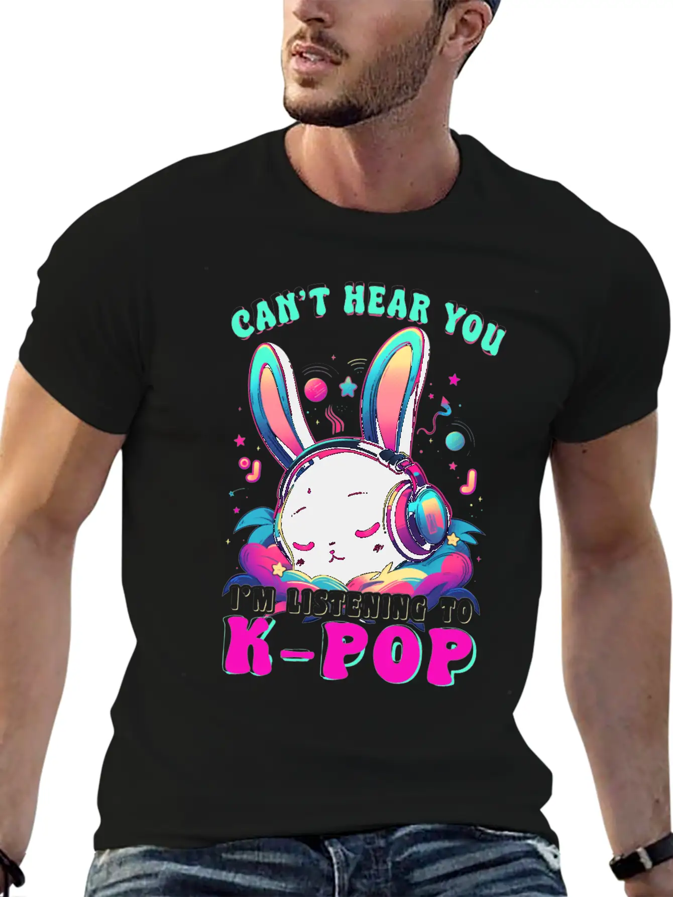 K-Pop Chibi Kawaii Hase With Headphones Rabbits Stylish Everyday T-Shirt – Unisex Basic Cotton Tee