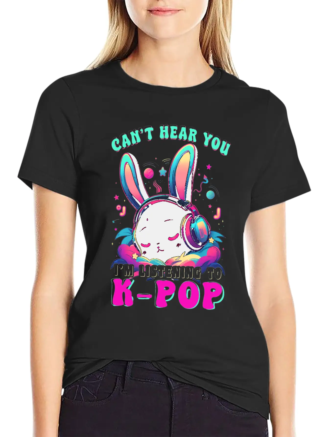 K-Pop Chibi Kawaii Hase With Headphones Rabbits Stylish Everyday T-Shirt – Unisex Basic Cotton Tee