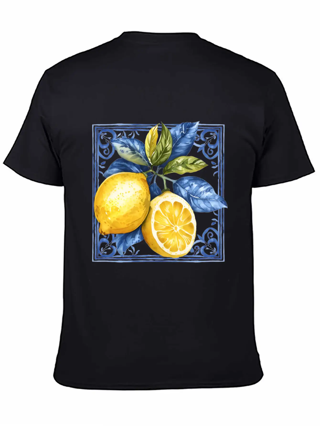 Lemon Blue Tile Mosaic Mediterranean Italian Lemon Stylish Everyday T-Shirt – Unisex Basic Cotton Tee