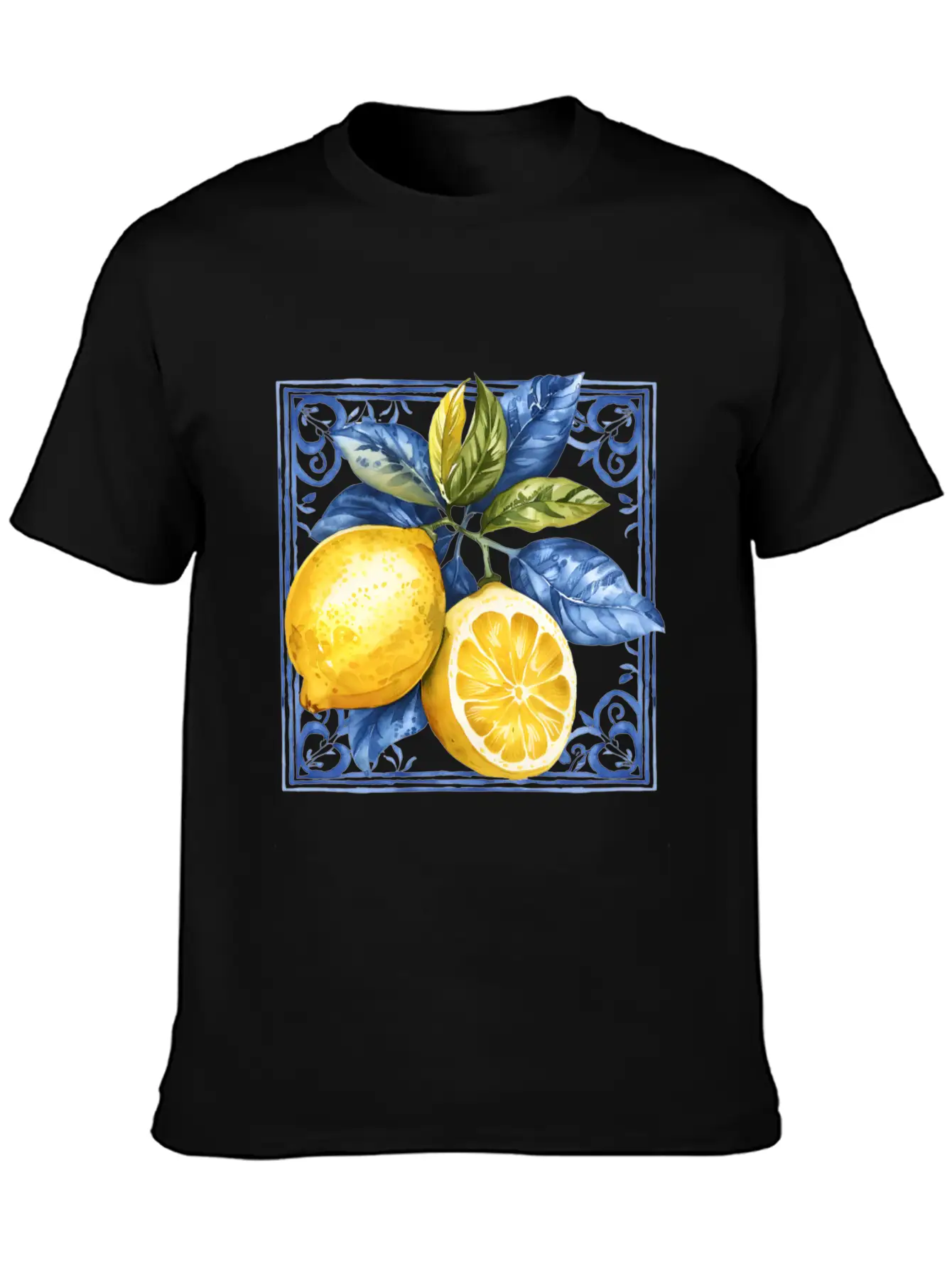 Lemon Blue Tile Mosaic Mediterranean Italian Lemon Stylish Everyday T-Shirt – Unisex Basic Cotton Tee