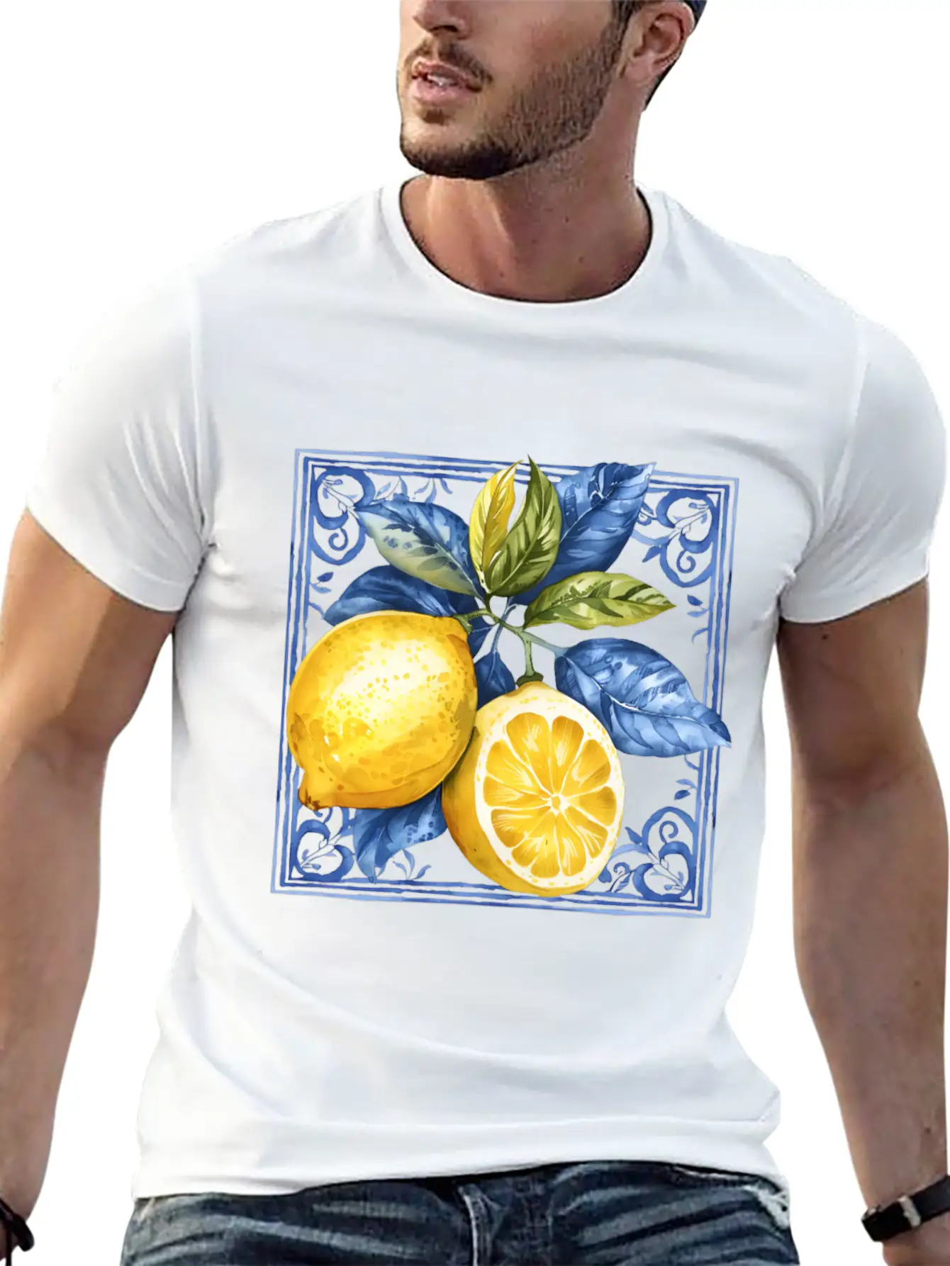 Lemon Blue Tile Mosaic Mediterranean Italian Lemon Stylish Everyday T-Shirt – Unisex Basic Cotton Tee